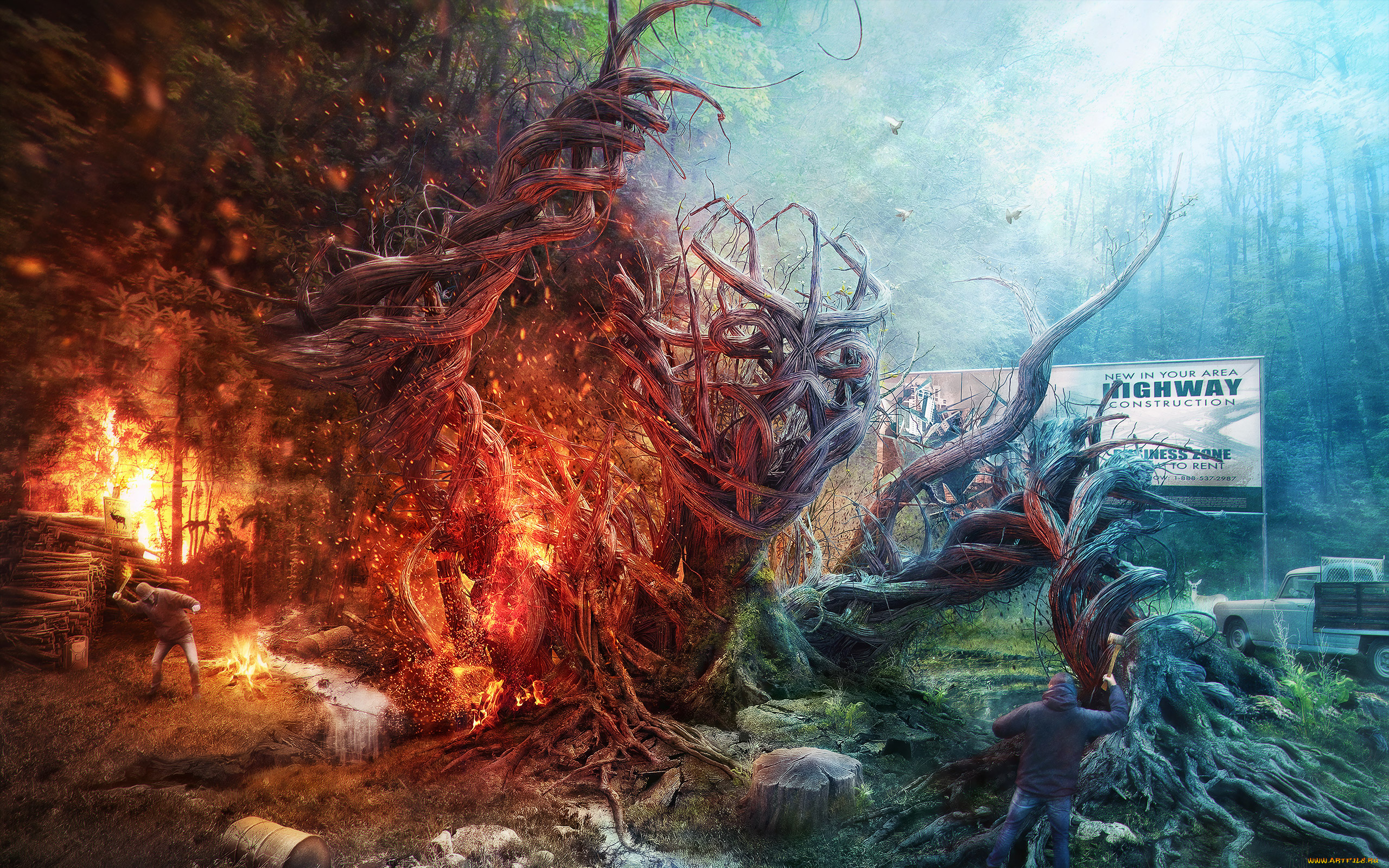 фэнтези, фотоарт, огонь, лес