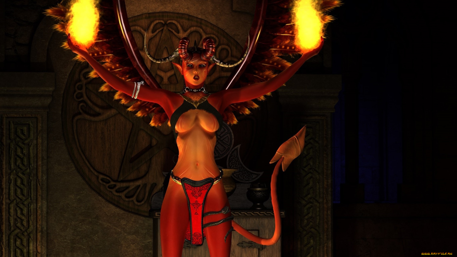 3д, графика, существа, , creatures, демон, фон, взгляд, девушка