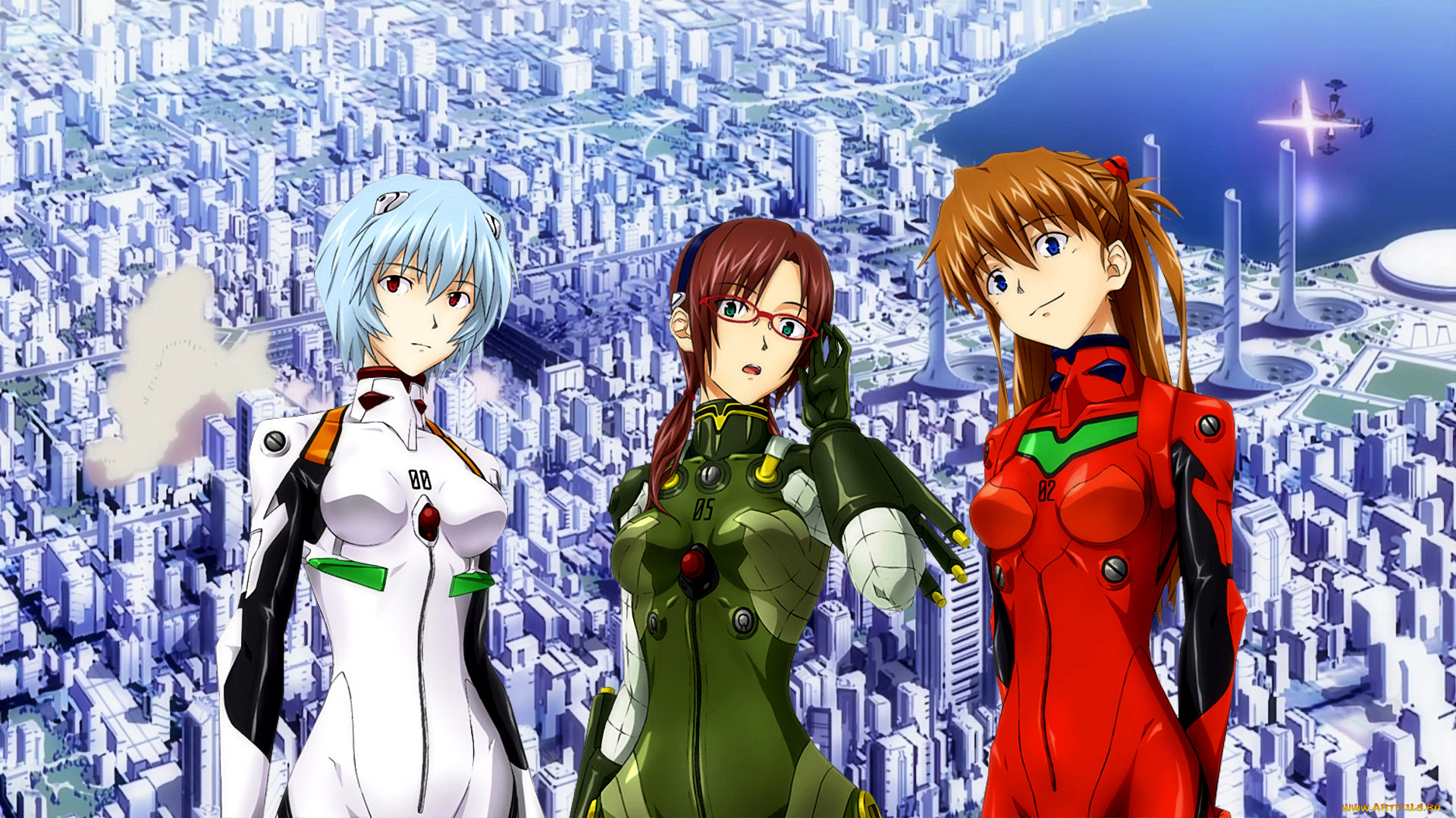 аниме, evangelion, девушки, взгляд, фон