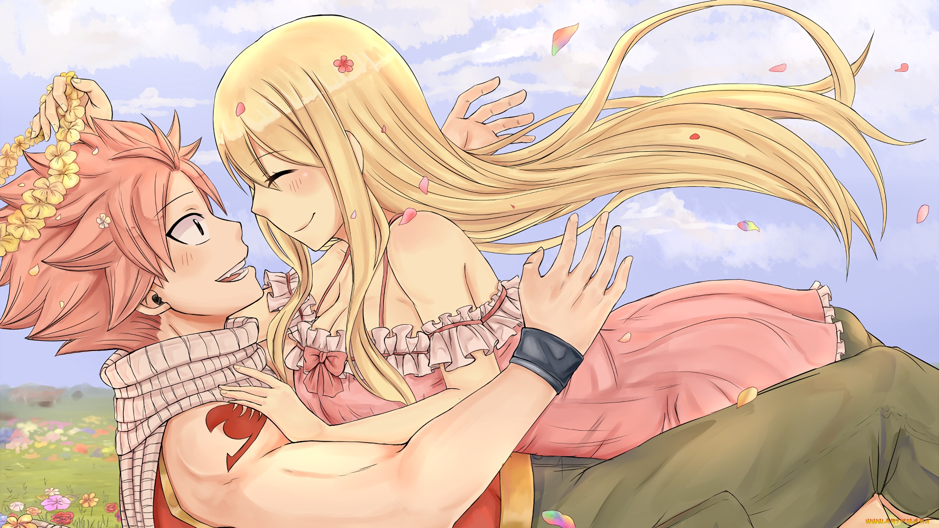 аниме, fairy, tail, пара, девушка, natsu, dragneel, парень, венок, fairy, tail, lucy, heartfilia, цветы, anime