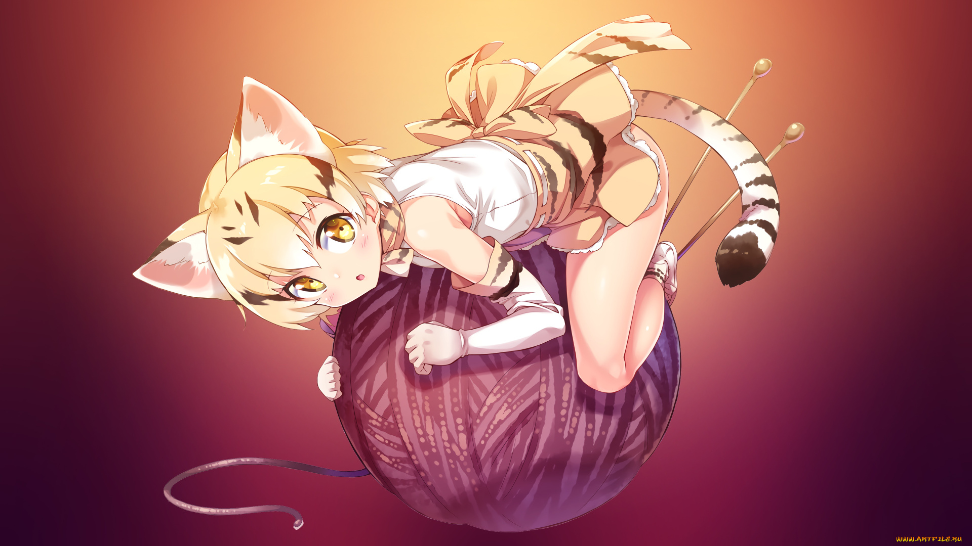 аниме, kemono, friends, нитки, булавки, art, хвост, ушки, serval, neko, girl, клубок, kemono, friends, ichi, makoto, перчатки