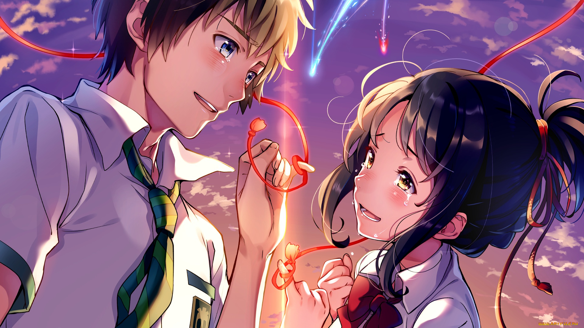 аниме, kimi, no, na, wa, лицо, tachibana, taki, руки, kimi, no, na, wa, art, miyamizu, mitsuha, небо, школьники, makoto, shinkai, галстук, слезы, твое, имя, красная, нить