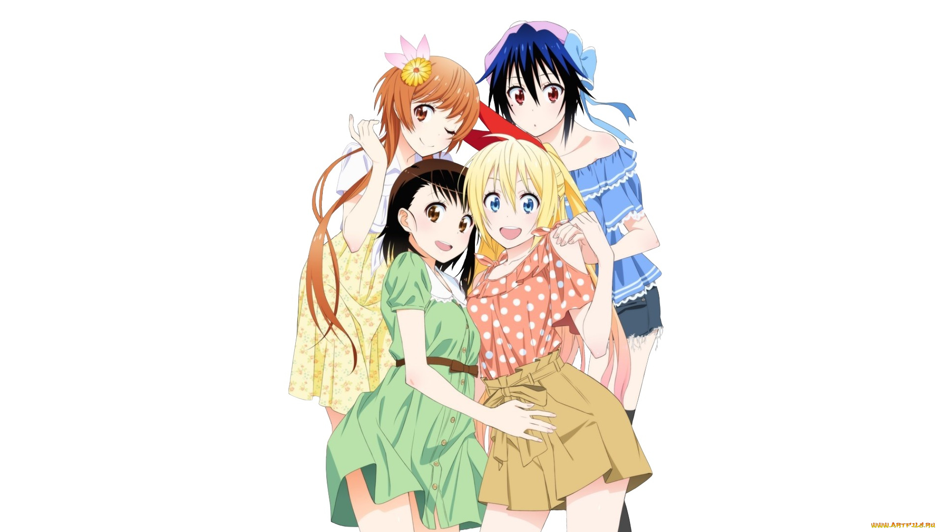 аниме, nisekoi, взгляд, девушки, фон