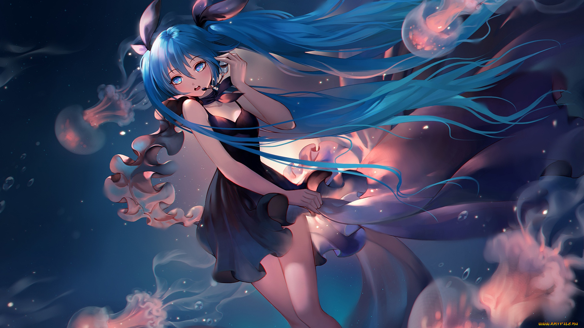 аниме, vocaloid, anime, длиные, волосы, hatsune, miku, под, водой, art, девушка, медузы, платье