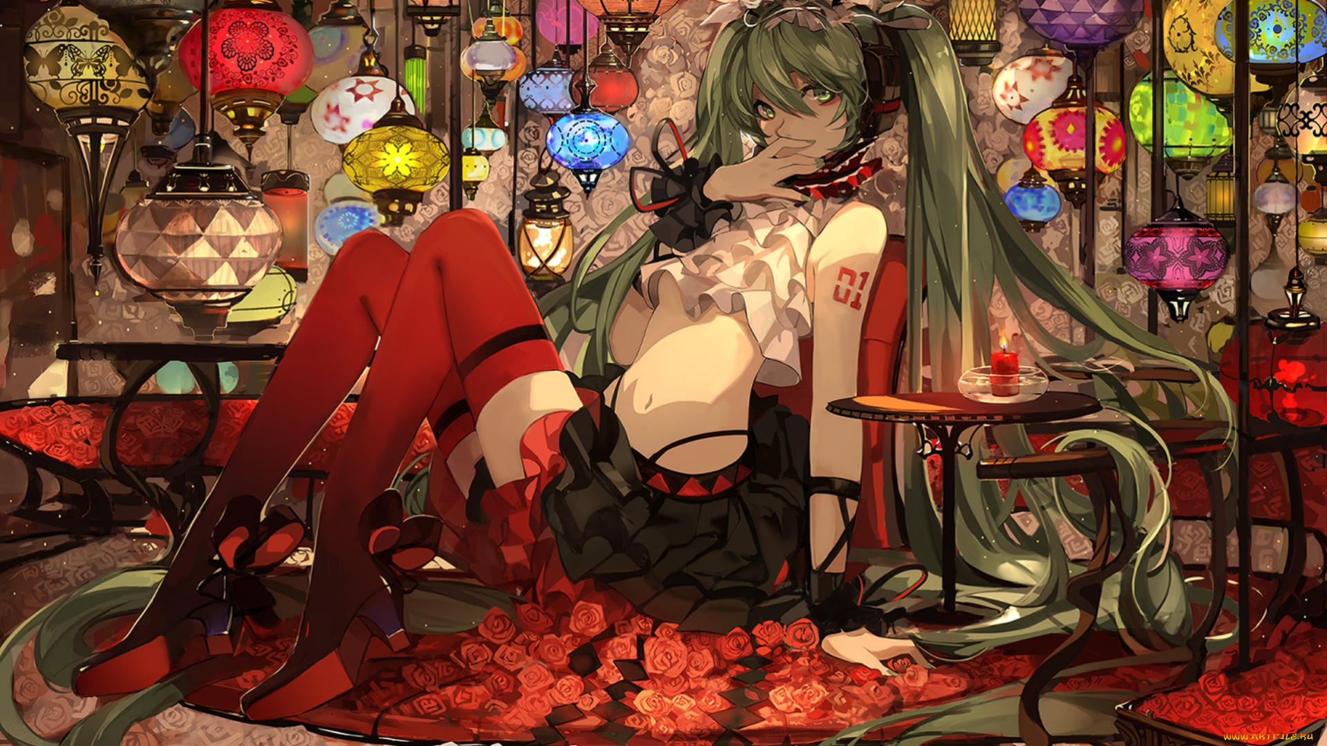 аниме, vocaloid, hatsune, miku, чулки, свеча, розы, вокалоид, оборки, столик, хатсуне, мику, голубые, волосы, сидит, фонарики, много