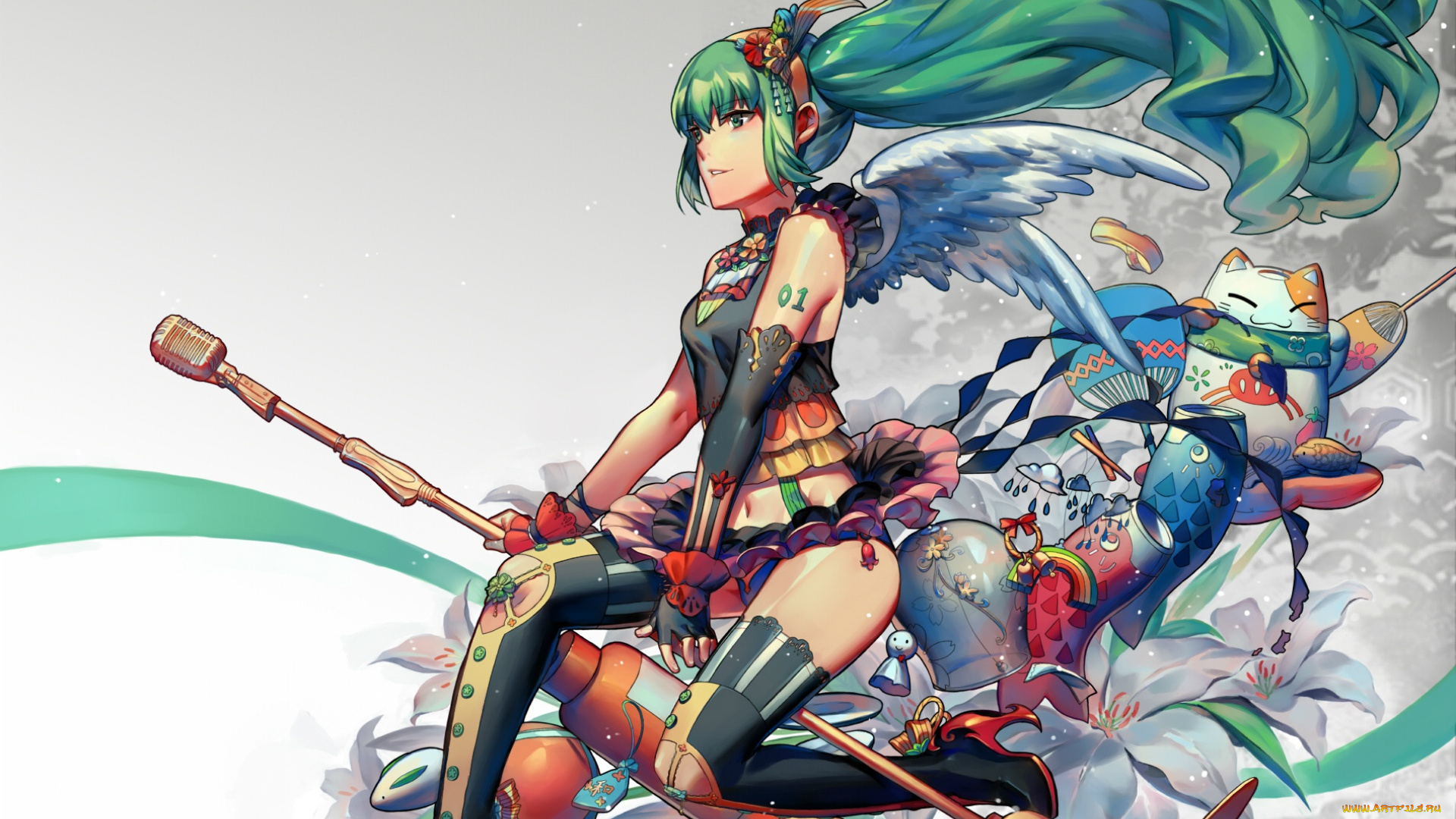 аниме, vocaloid, maneki, neko, оборки, перчатки, колокольчики, ветра, талисманы, hatsune, miku, зеленые, волосы, микрофон, карпы, лилии, чулки, вокалоид, крылья