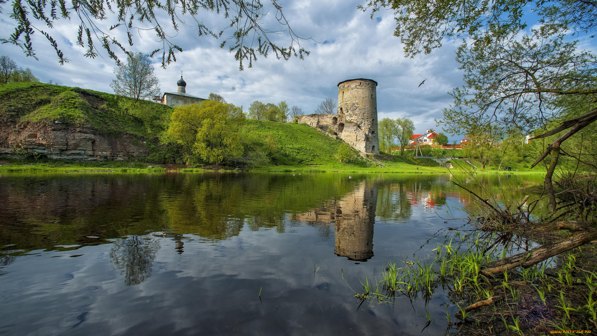 города, -, исторические, , архитектурные, памятники, псков, деревья, река, россия, церковь