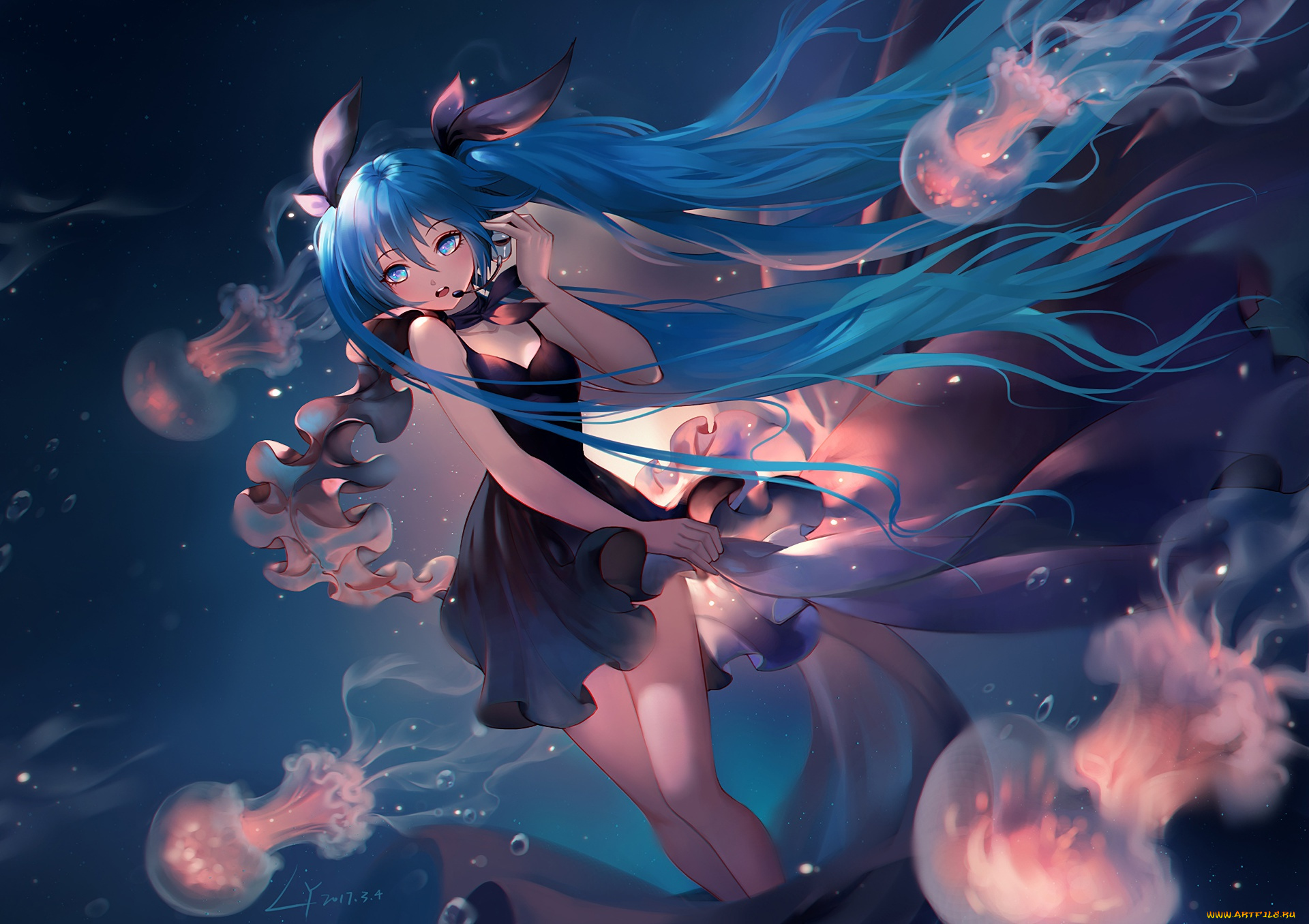 аниме, vocaloid, anime, длиные, волосы, hatsune, miku, под, водой, art, девушка, медузы, платье