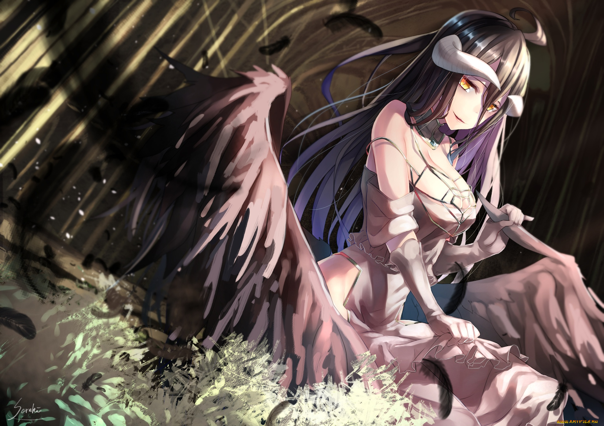аниме, overlord, art, anime, девушка, крылья, albedo, рога