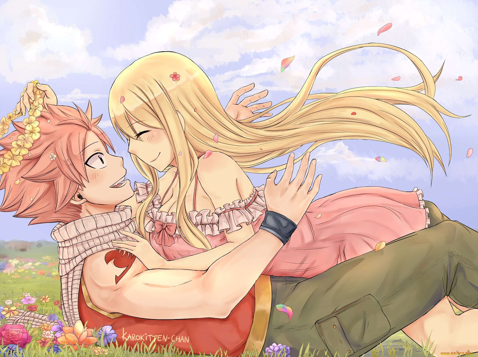 аниме, fairy, tail, пара, девушка, natsu, dragneel, парень, венок, fairy, tail, lucy, heartfilia, цветы, anime