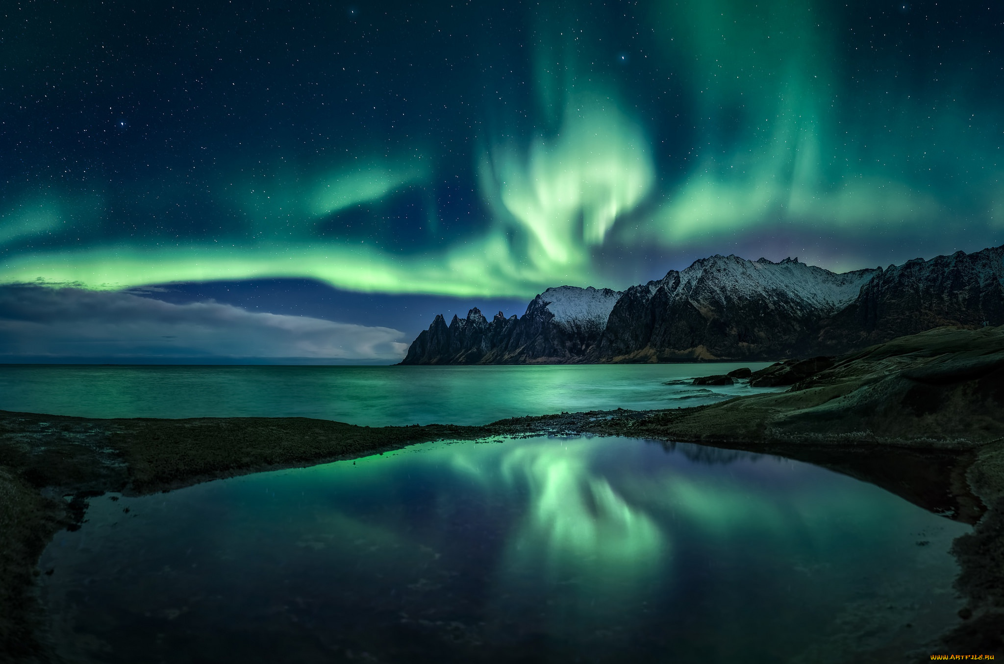 природа, северное, сияние, сияние, ночь, озеро, горы