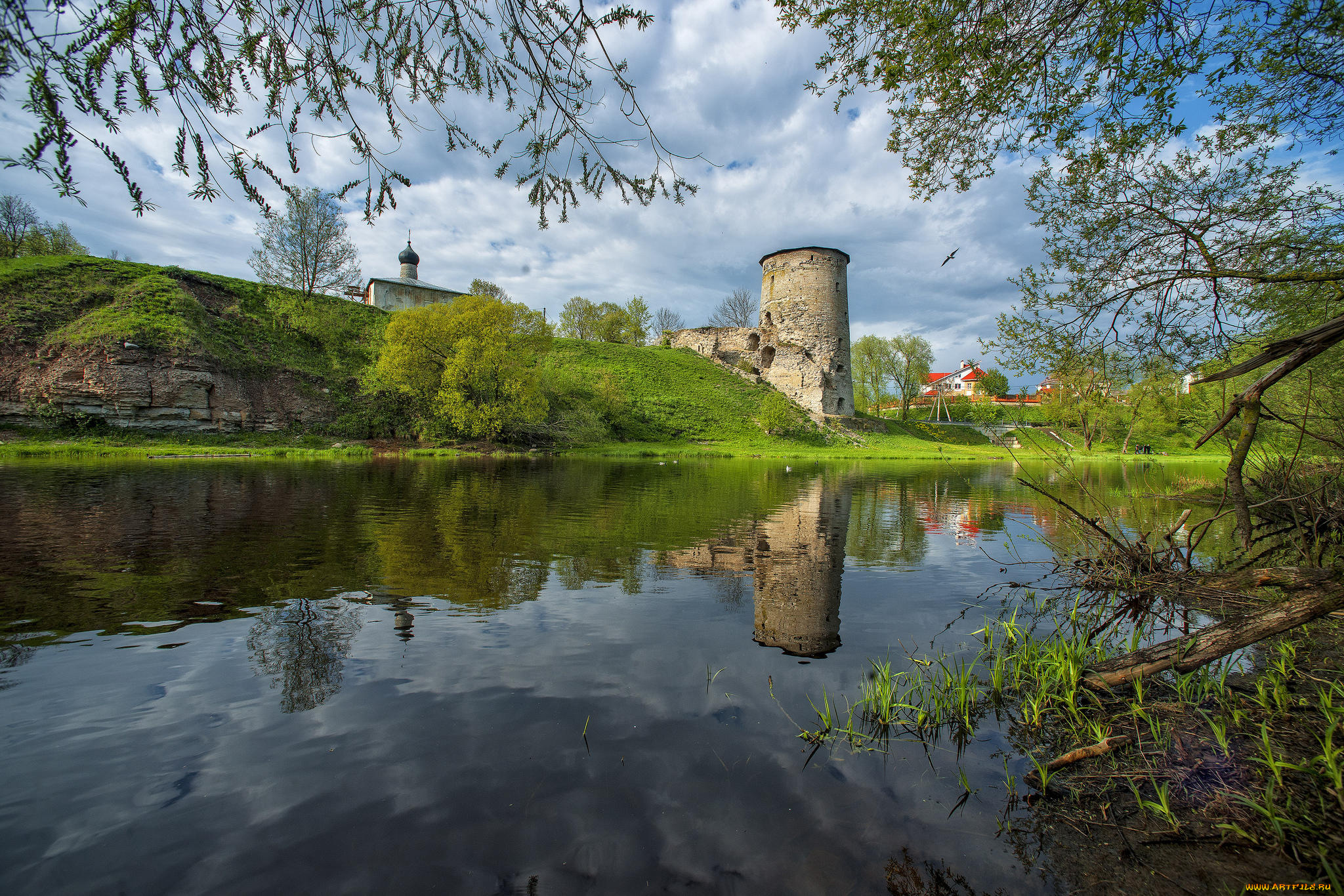 города, -, исторические, , архитектурные, памятники, псков, деревья, река, россия, церковь