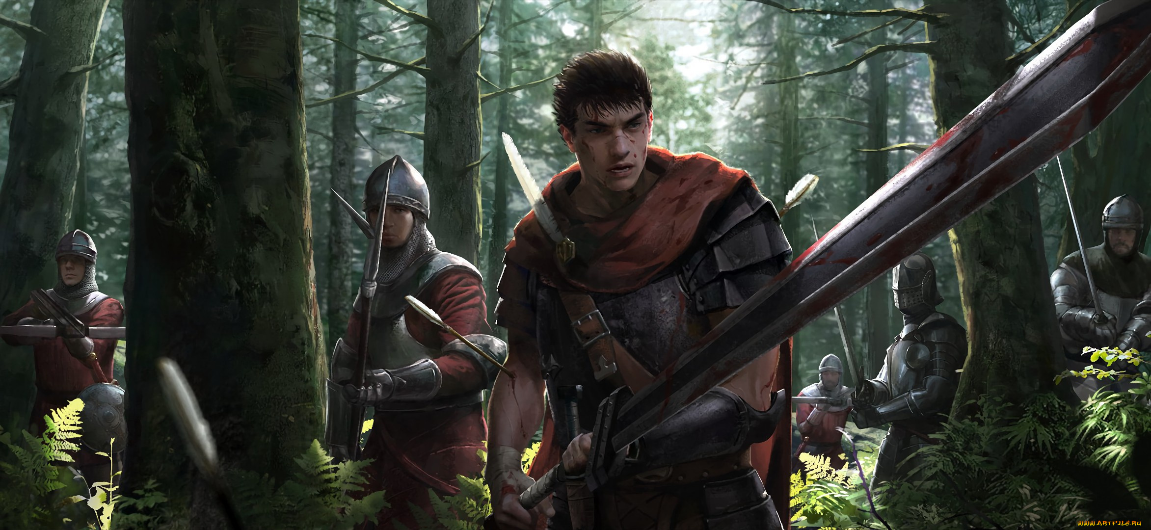 аниме, berserk, sword, blood, game, forest, armor, anime, man, army, ken, blade, manga, helmet, powerful, strong, guts