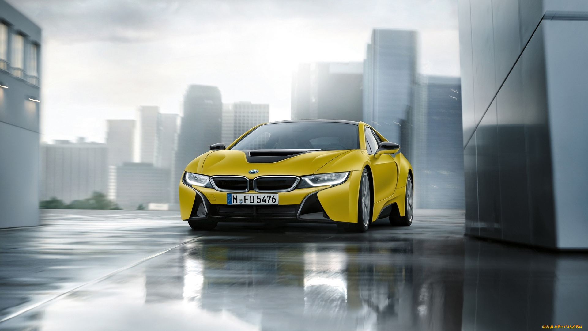 автомобили, bmw, бмв, i8, желтый, город, здания