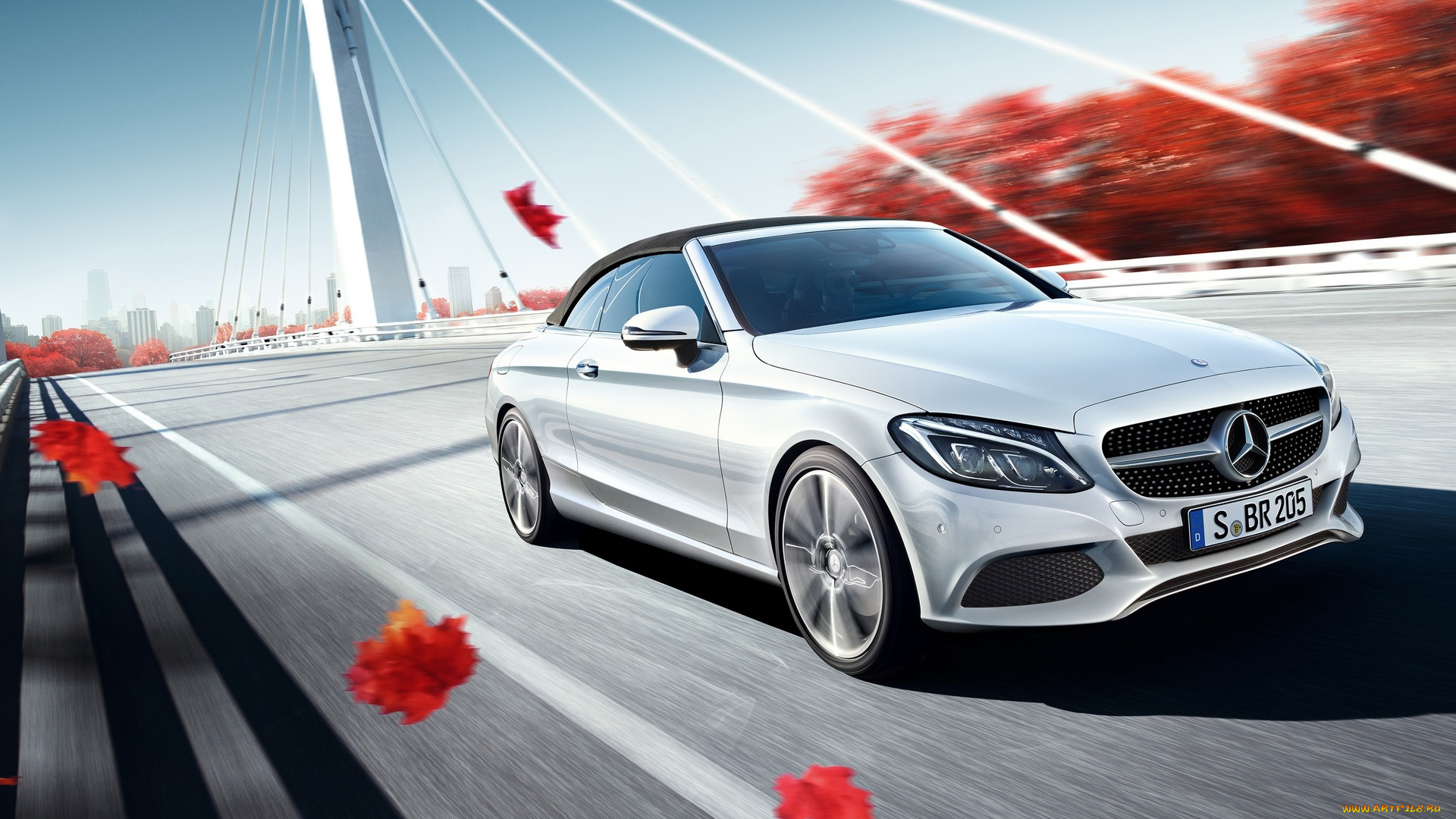 автомобили, mercedes-benz, скорость, белый, мерседес, осень, листья, мост