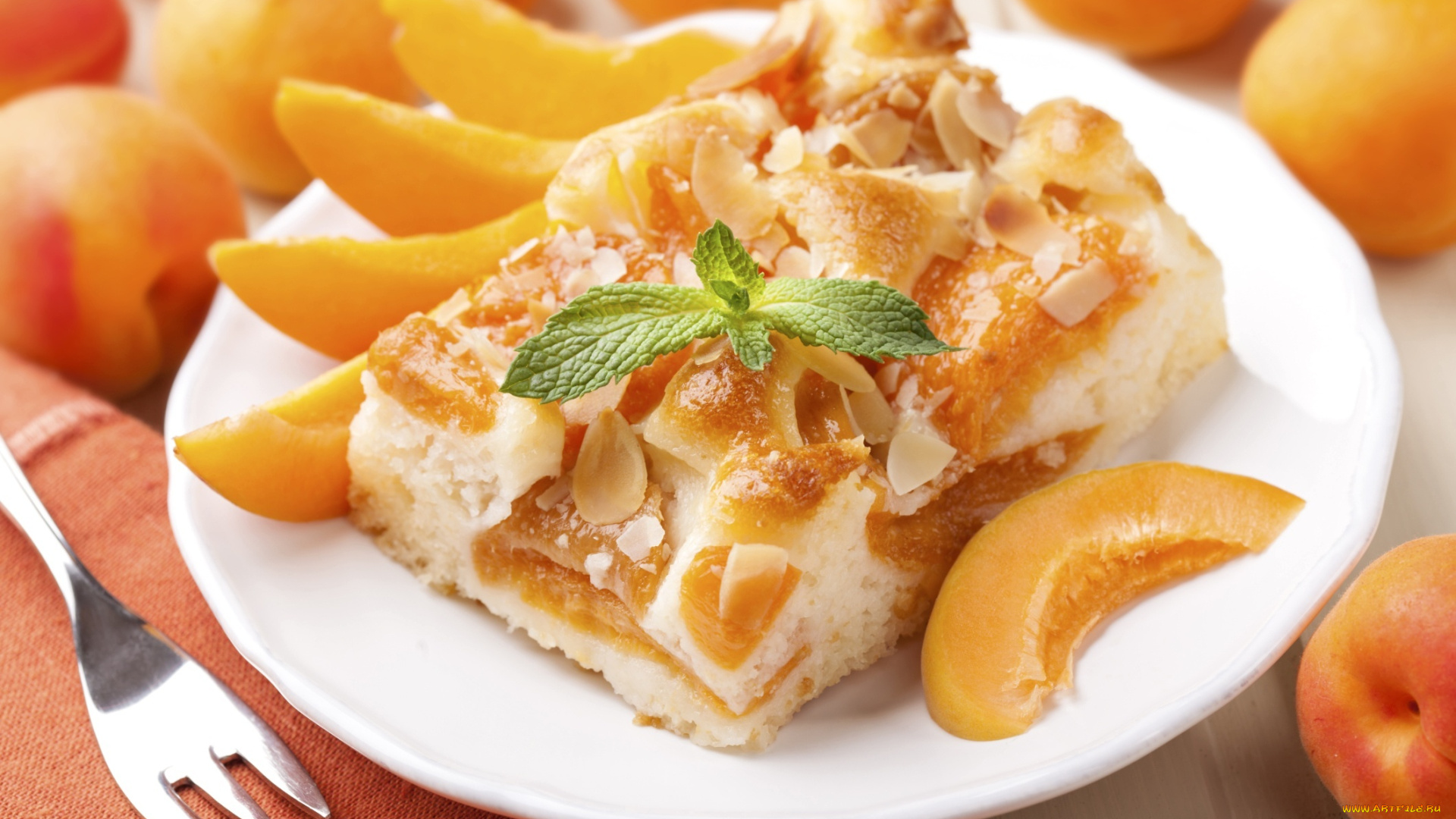 еда, пироги, пирог, фруктовый, мята, персики