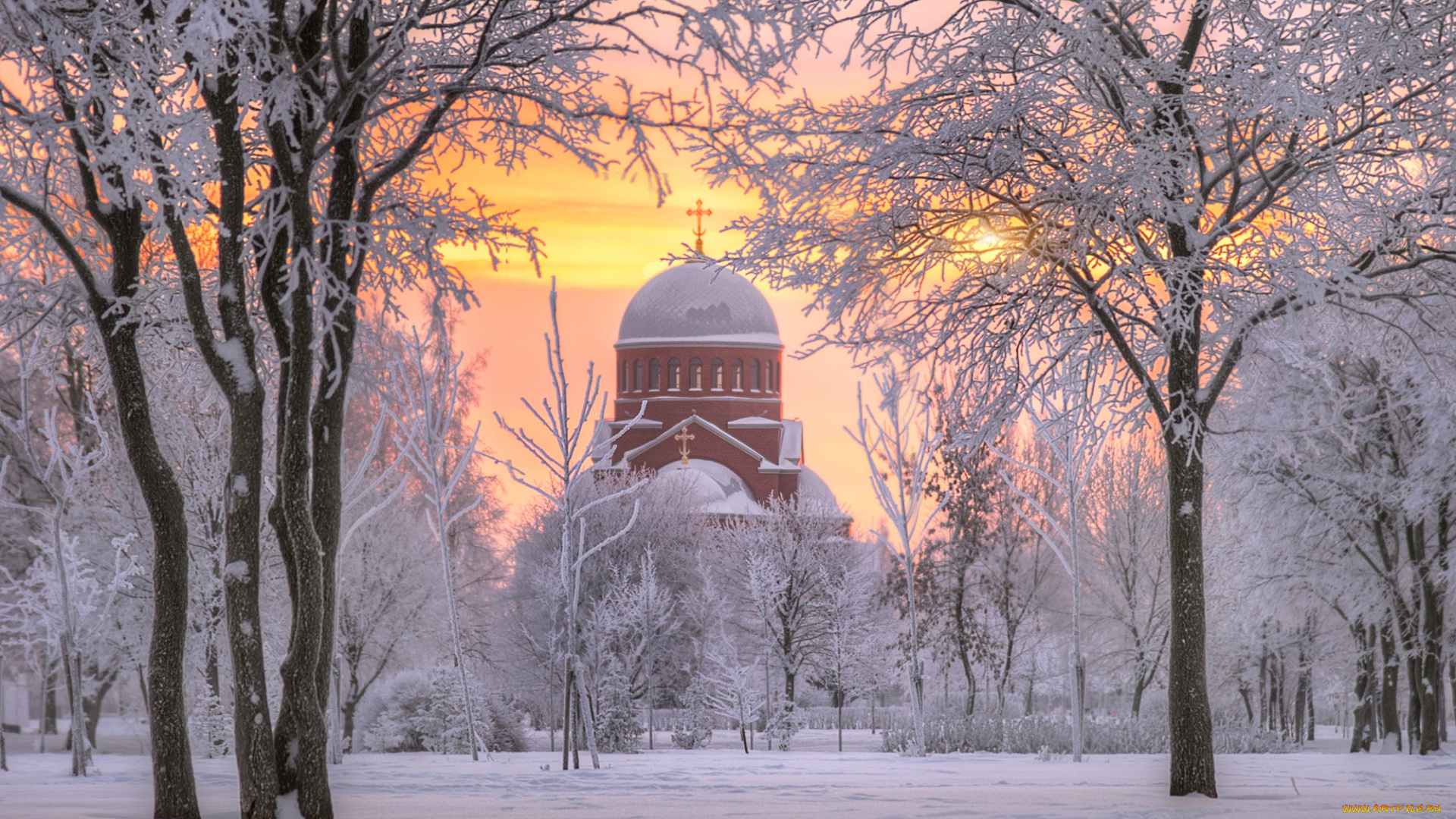 города, -, православные, церкви, , монастыри, рассвет, храм, россия, церковь, сретения, господня, муринский, парк, деревья, зима, санкт-петербург, снег, утро