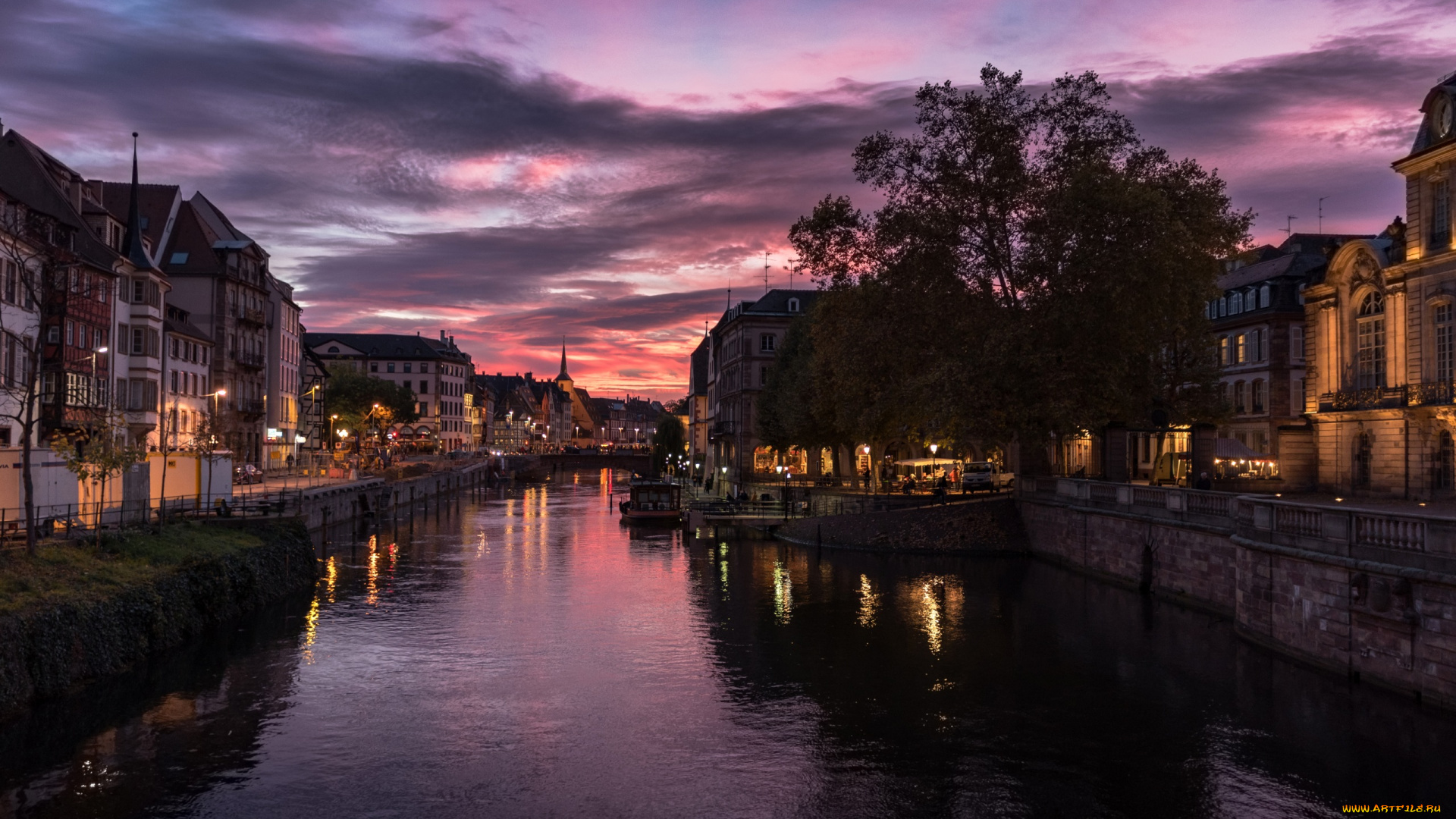 города, страсбург, , франция, огни, вечер, канал