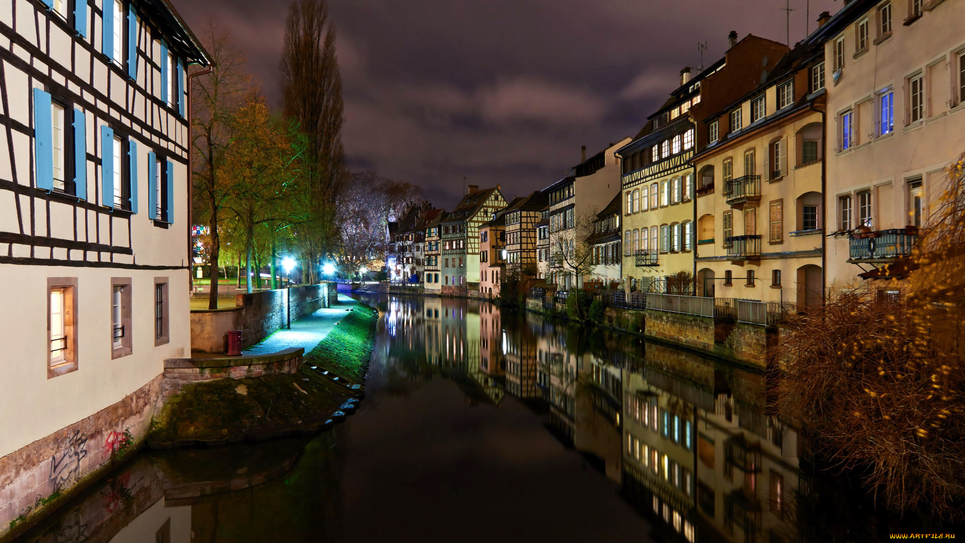 города, страсбург, , франция, вечер, канал, огни