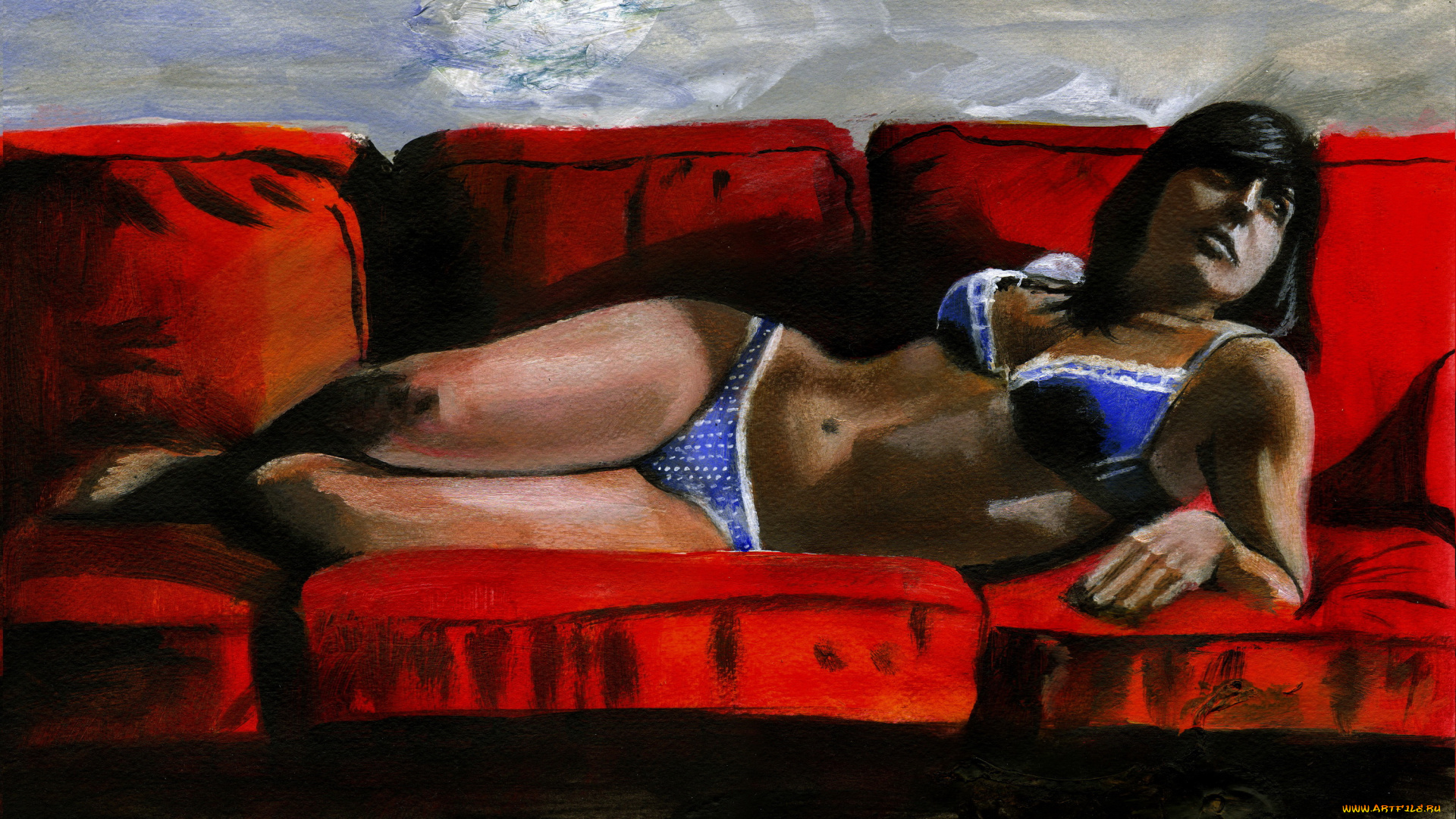 рисованное, живопись, диван, фон, девушка