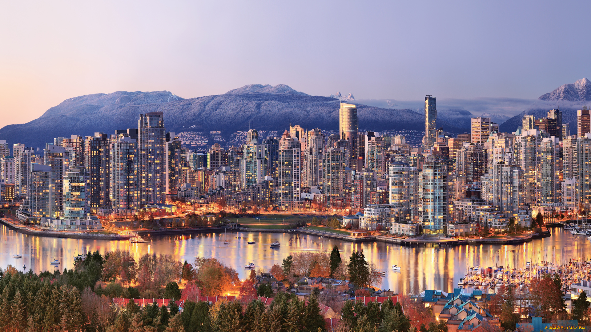 ванкувер, канада, города, ванкувер, , небоскребы, cityscape, evening, skyscrapers, vancouver, город, причал, canada, 4k