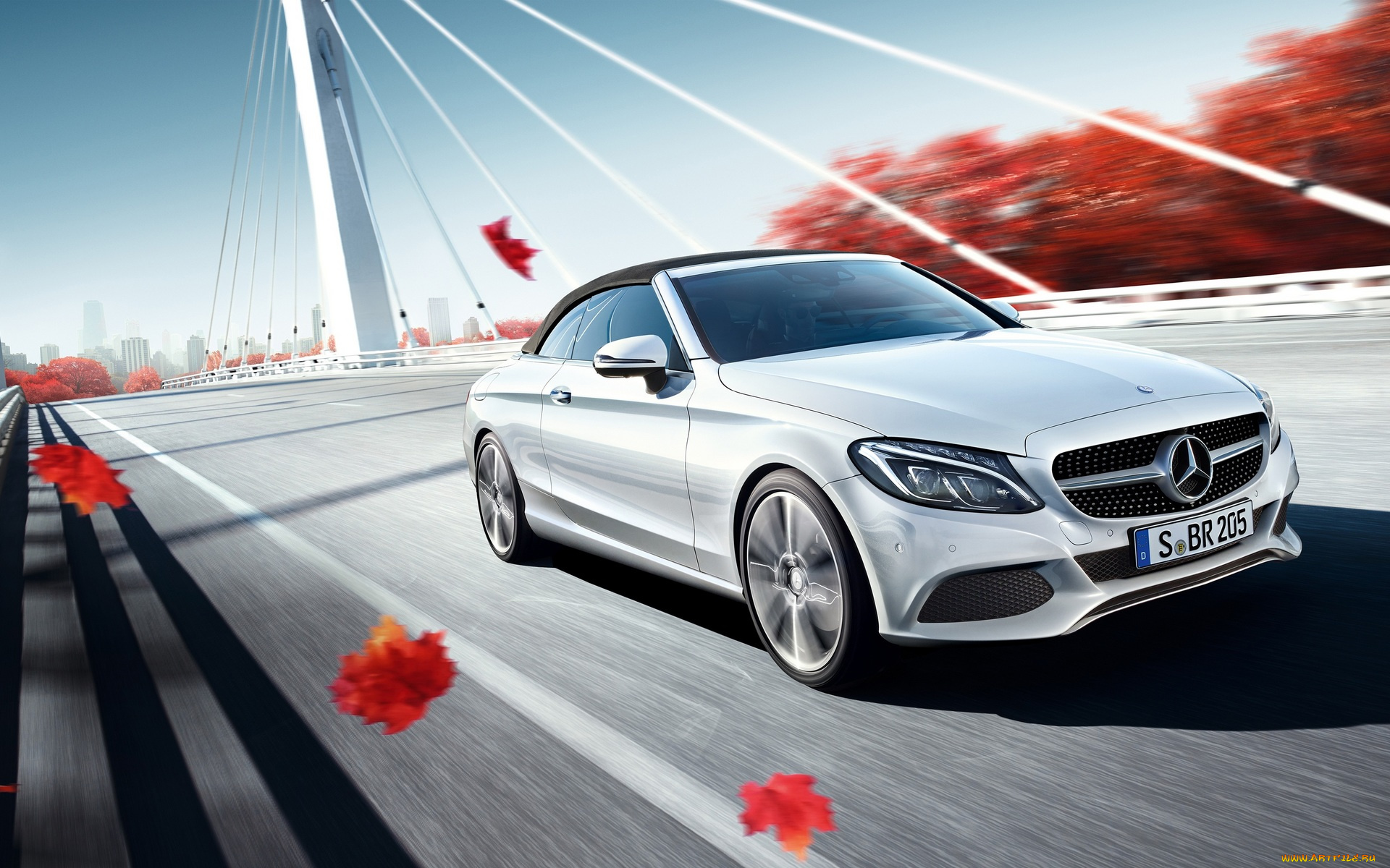 автомобили, mercedes-benz, скорость, белый, мерседес, осень, листья, мост