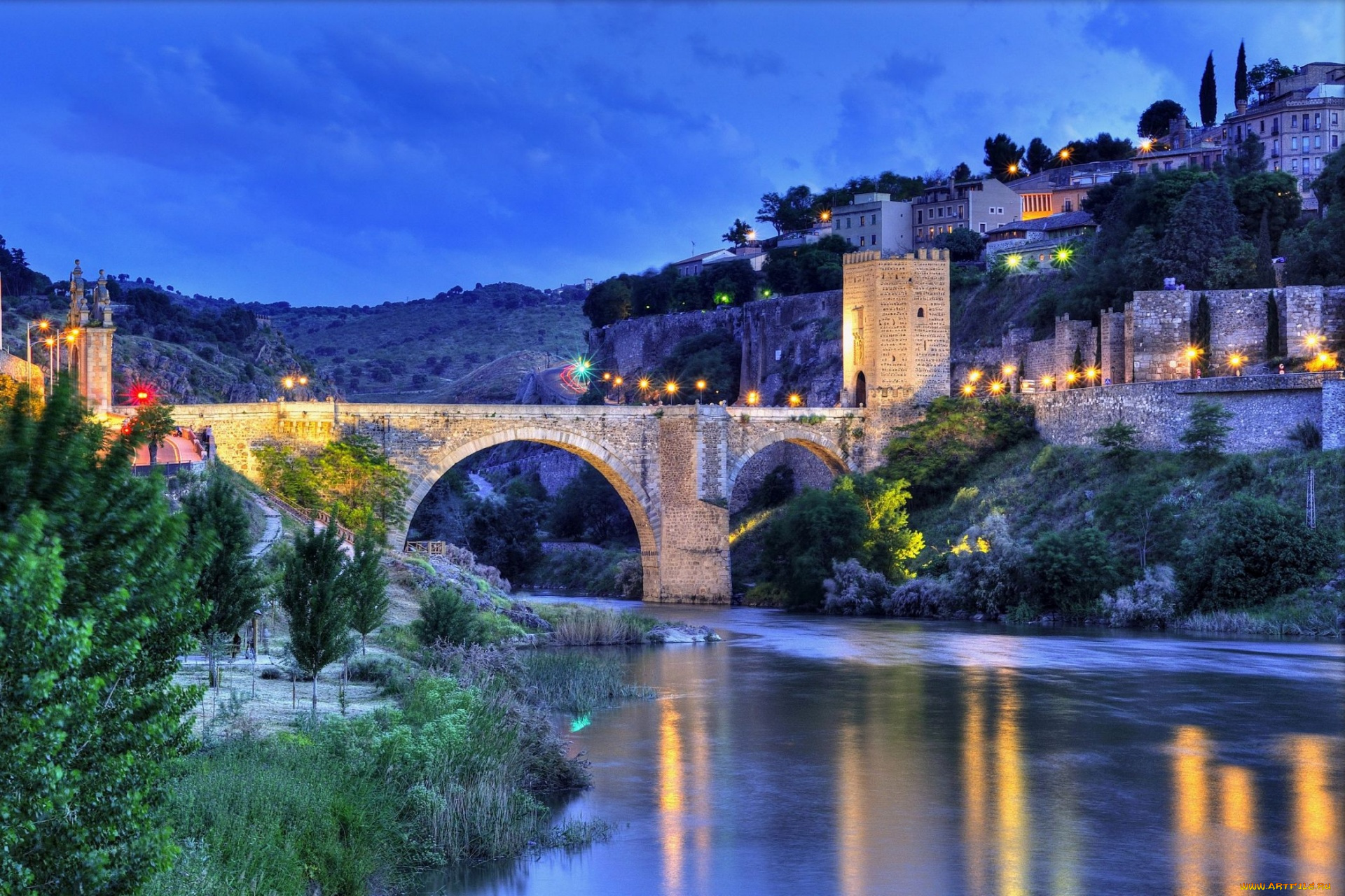 города, толедо, , испания, мост, река