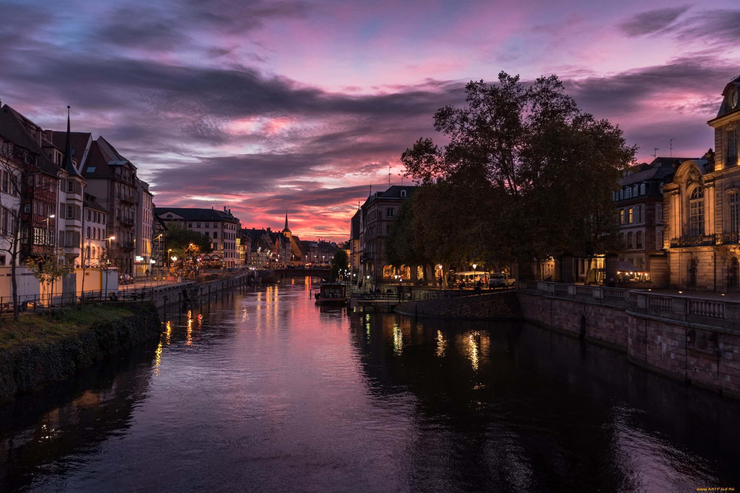 города, страсбург, , франция, огни, вечер, канал