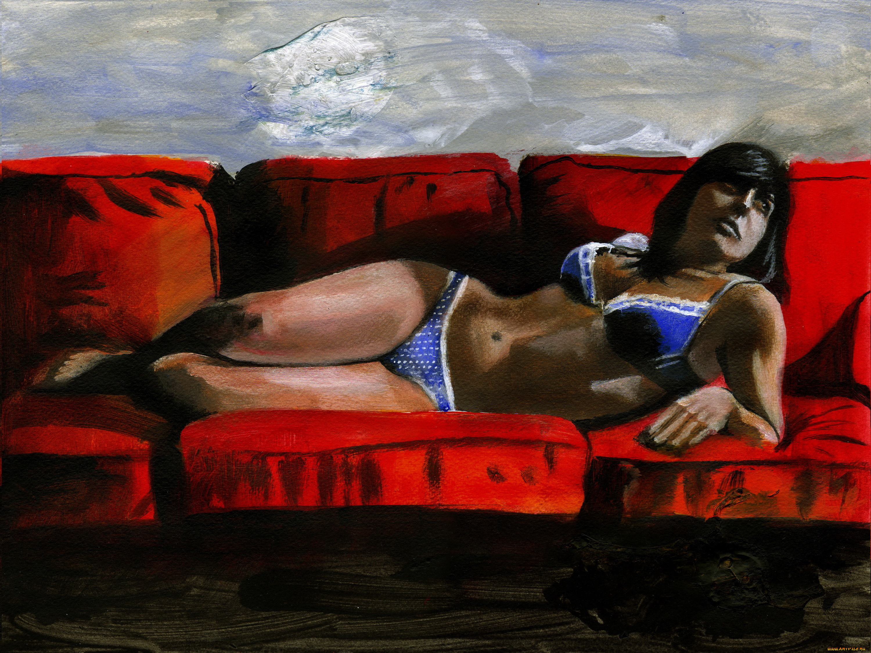 рисованное, живопись, диван, фон, девушка