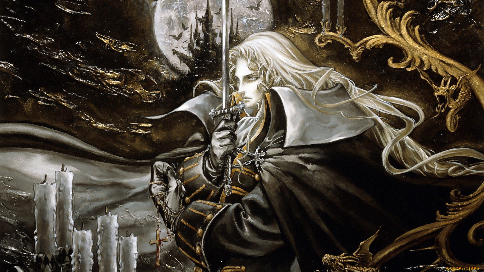 видео, игры, castlevania, свечи, полнолуние, меч, крест, блондин, замок