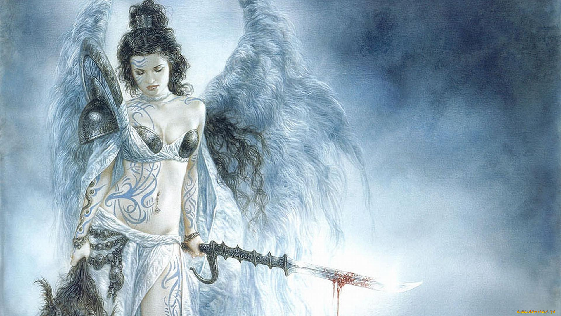 фэнтези, _luis, royo, девушка, крылья, оружие, тату, голова
