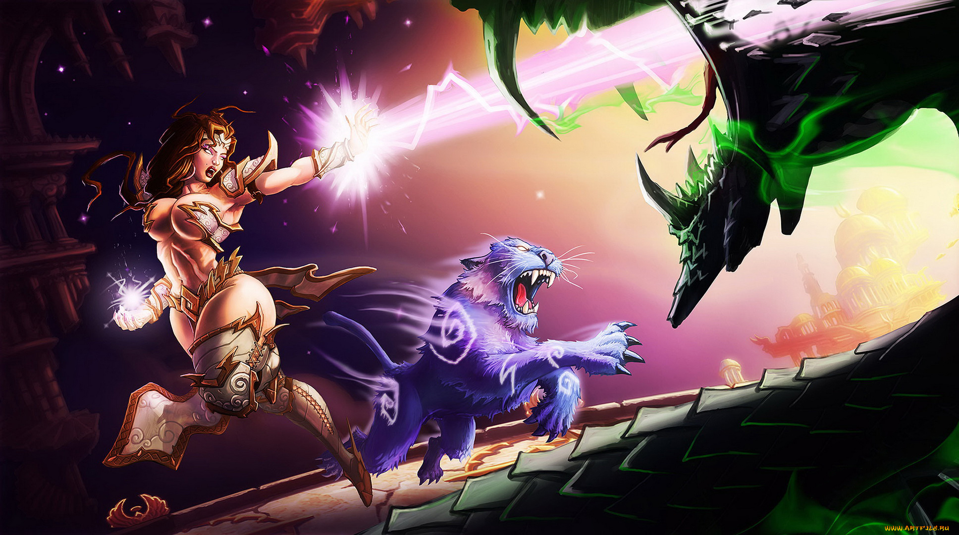 фэнтези, красавицы, и, чудовища, девушка, фон, униформа, магия, тигр, бой