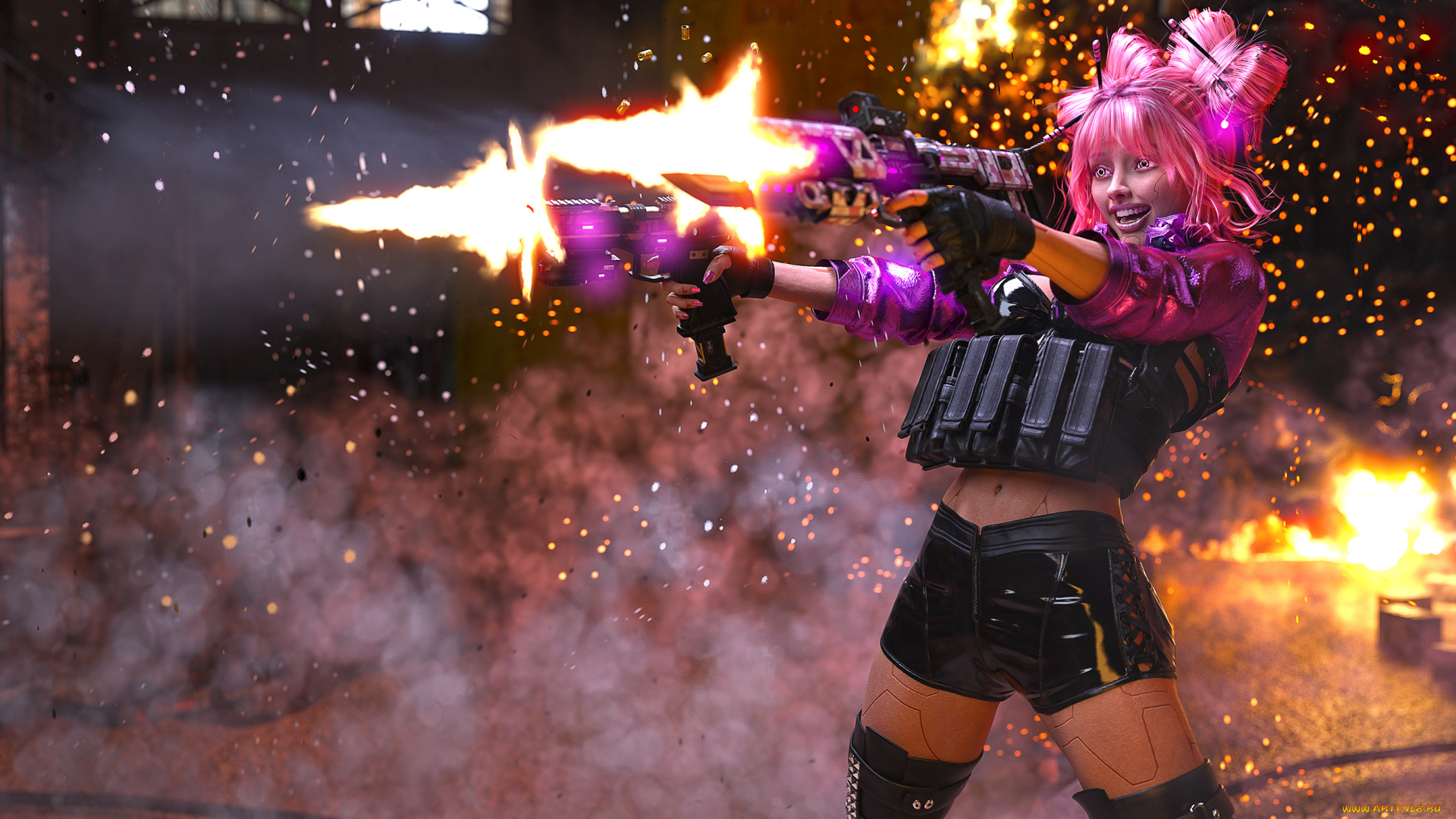 3д, графика, _science, fiction, девушка, фон, стрельба, улыбка