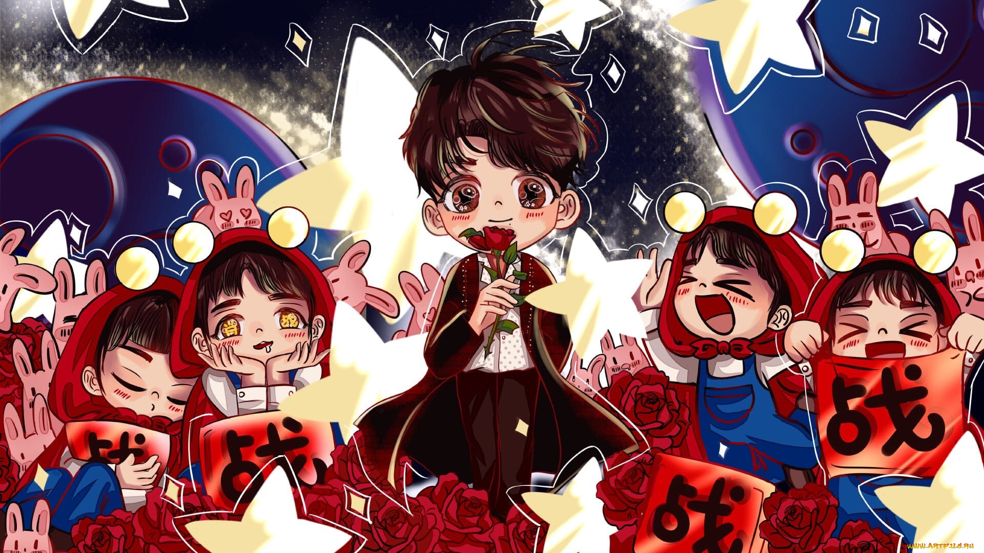 аниме, unknown, , другое, , чиби, кролики, розы