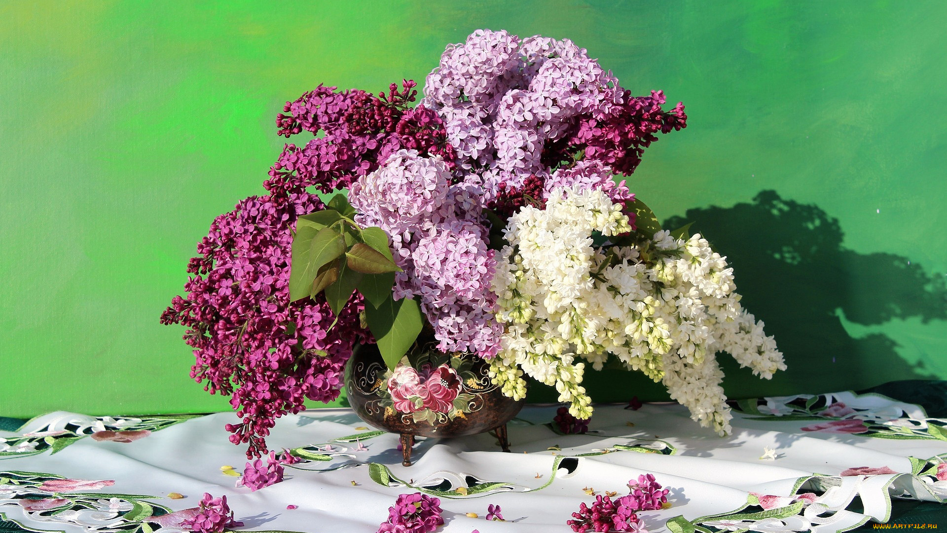 цветы, сирень, скатерть, ваза, букет