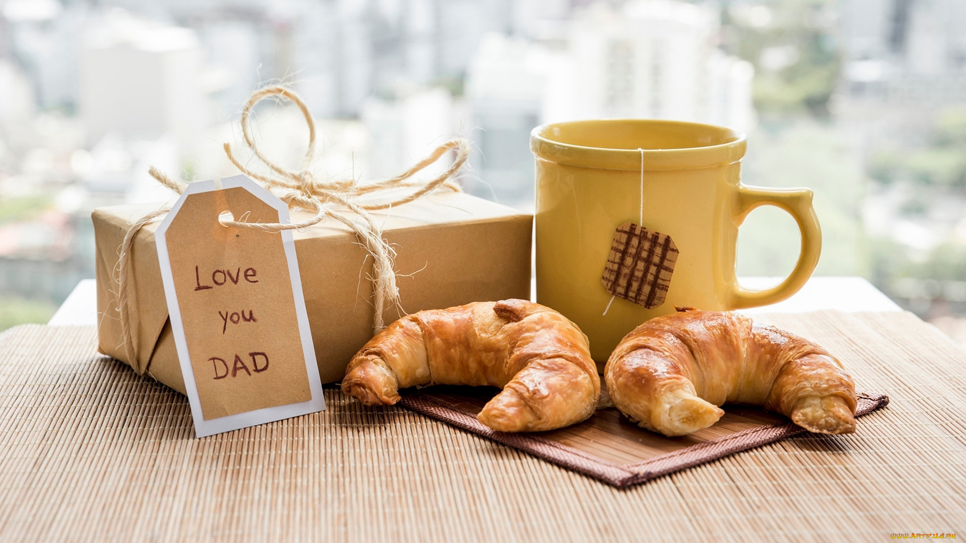 праздничные, день, отца, подарок, чай, круассаны, надпись