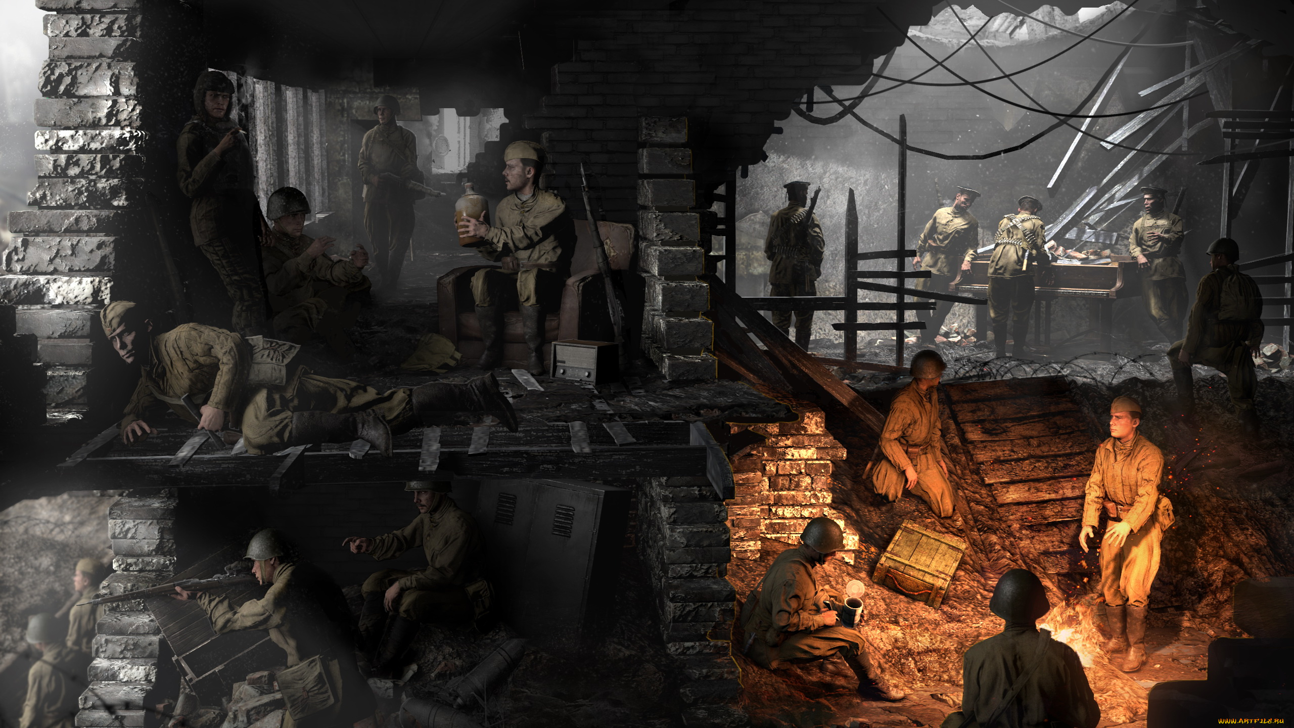 3д, графика, армия, , military, солдаты, фон, дом, гимнатсерка, костер