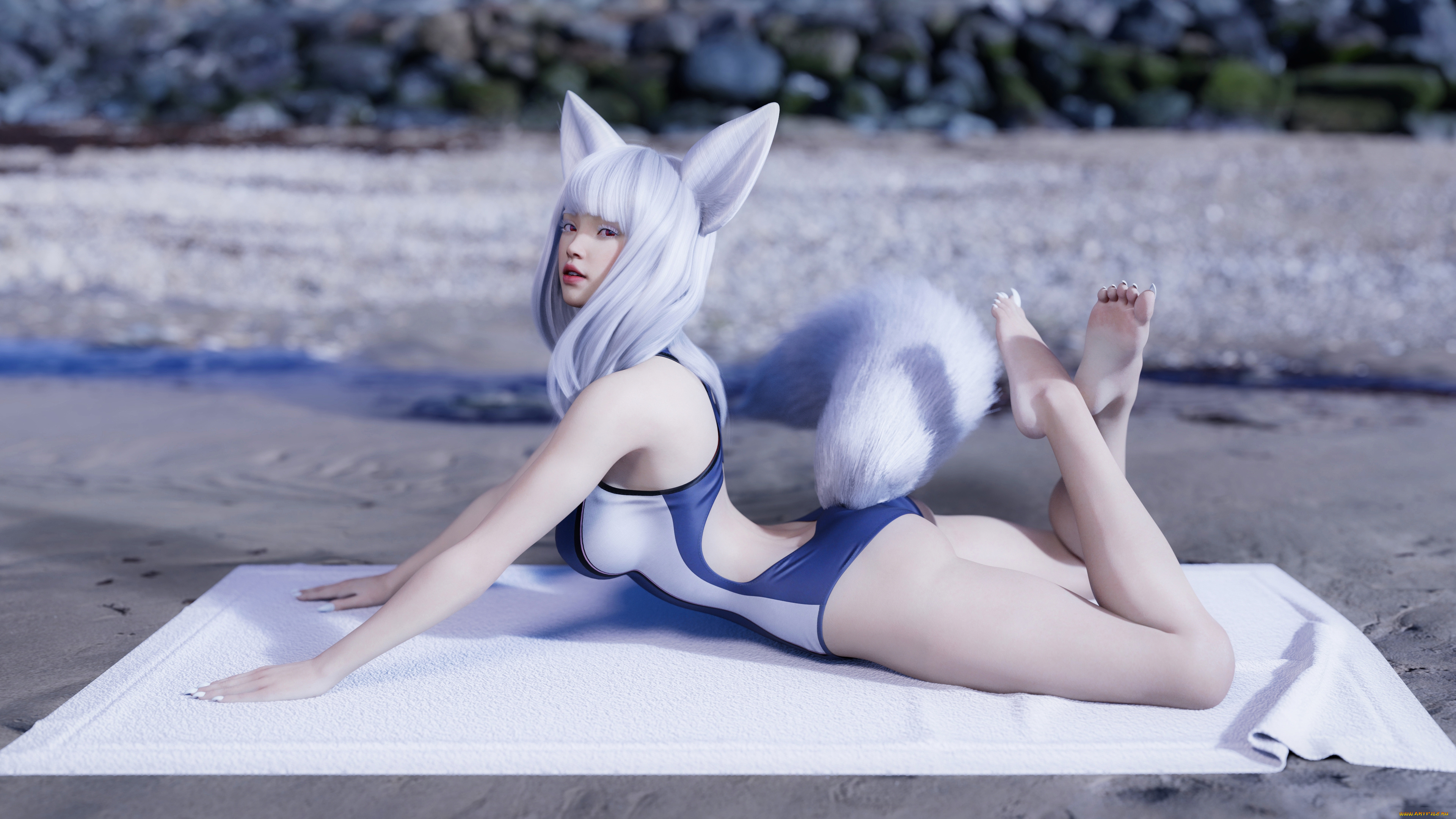 3д, графика, существа, , creatures, девушка, фон, ковер, ушки, хвост