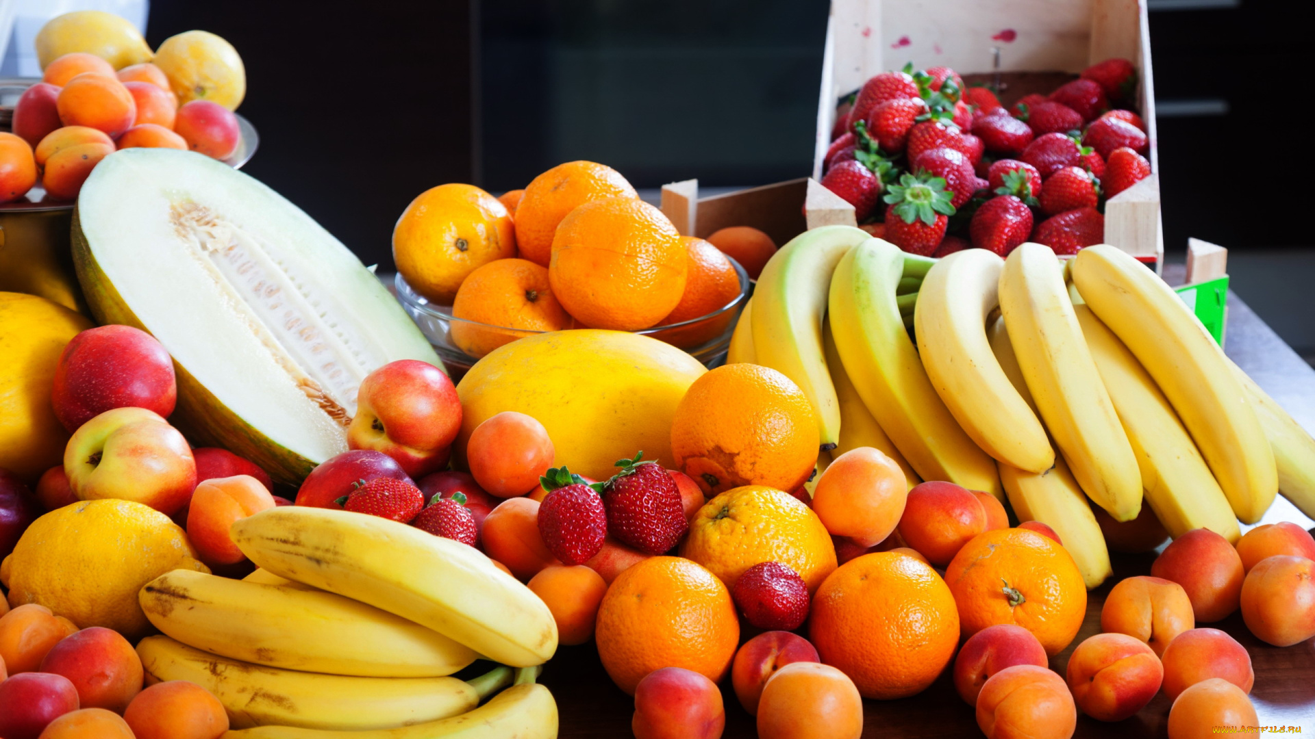 еда, фрукты, , ягоды, клубника, мандарины, бананы, дыня