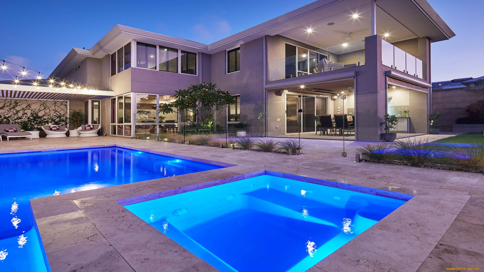 города, -, здания, , дома, вилла, вечер, бассейн, освещение, архитектура, терраса