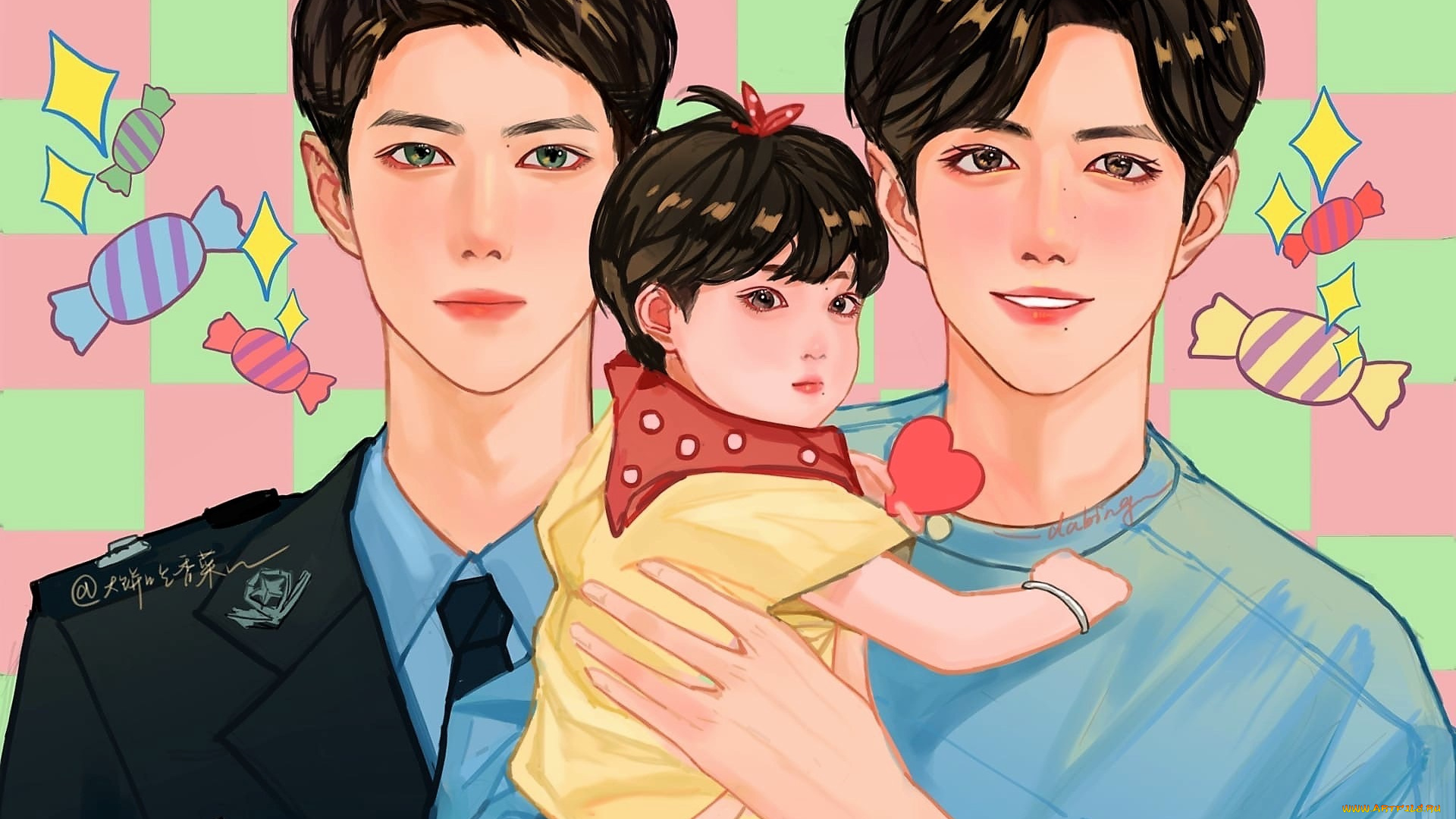 рисованное, люди, парни, ребенок, конфеты