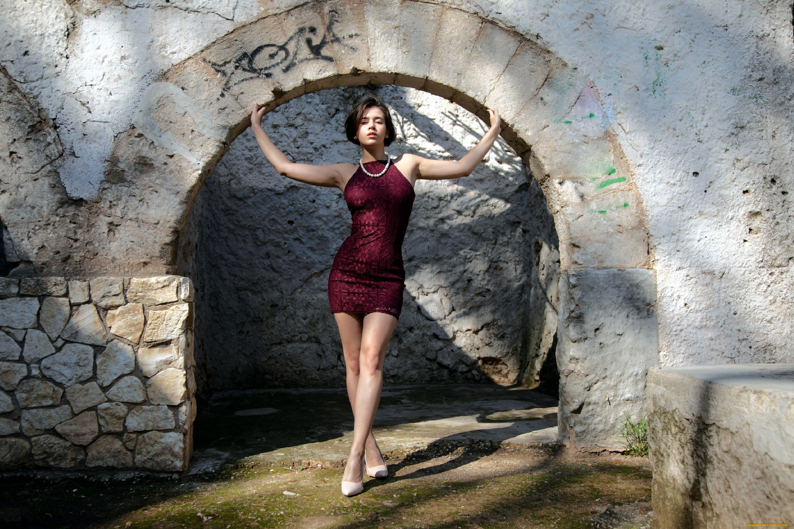 девушки, -, брюнетки, , шатенки, брюнетка, поза, арка, платье, мини