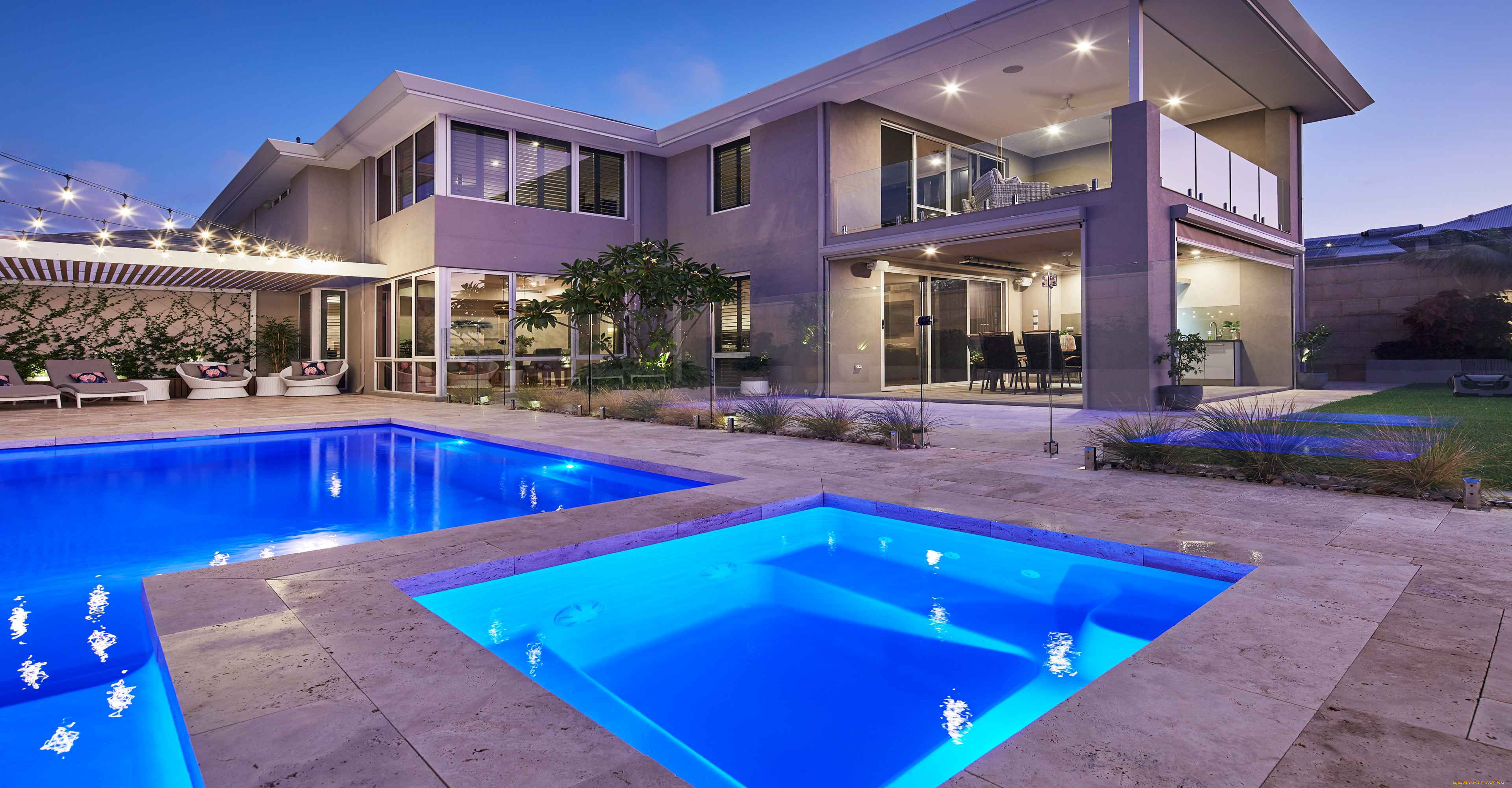 города, -, здания, , дома, вилла, вечер, бассейн, освещение, архитектура, терраса