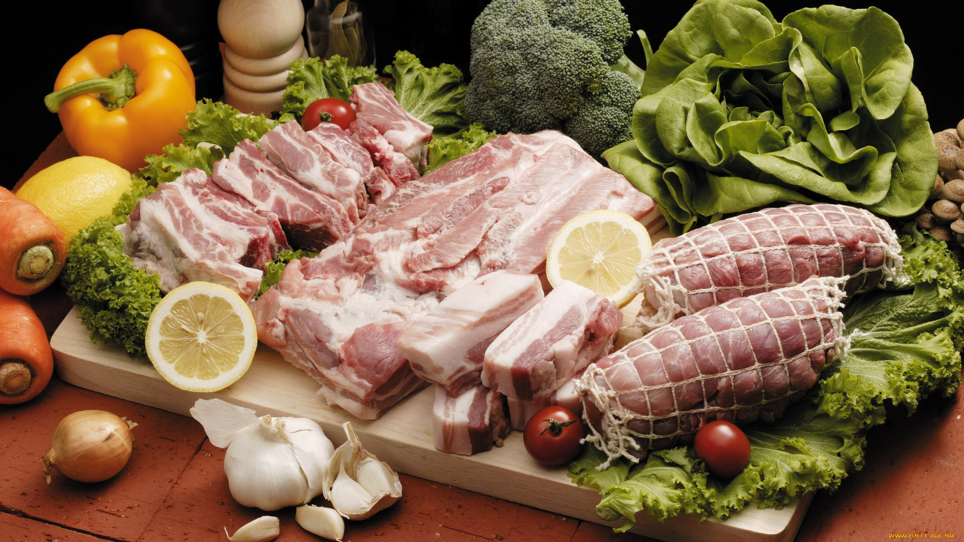 еда, мясные, блюда, лимон, перец, брокколи, чеснок, мясо, свежее, свинина