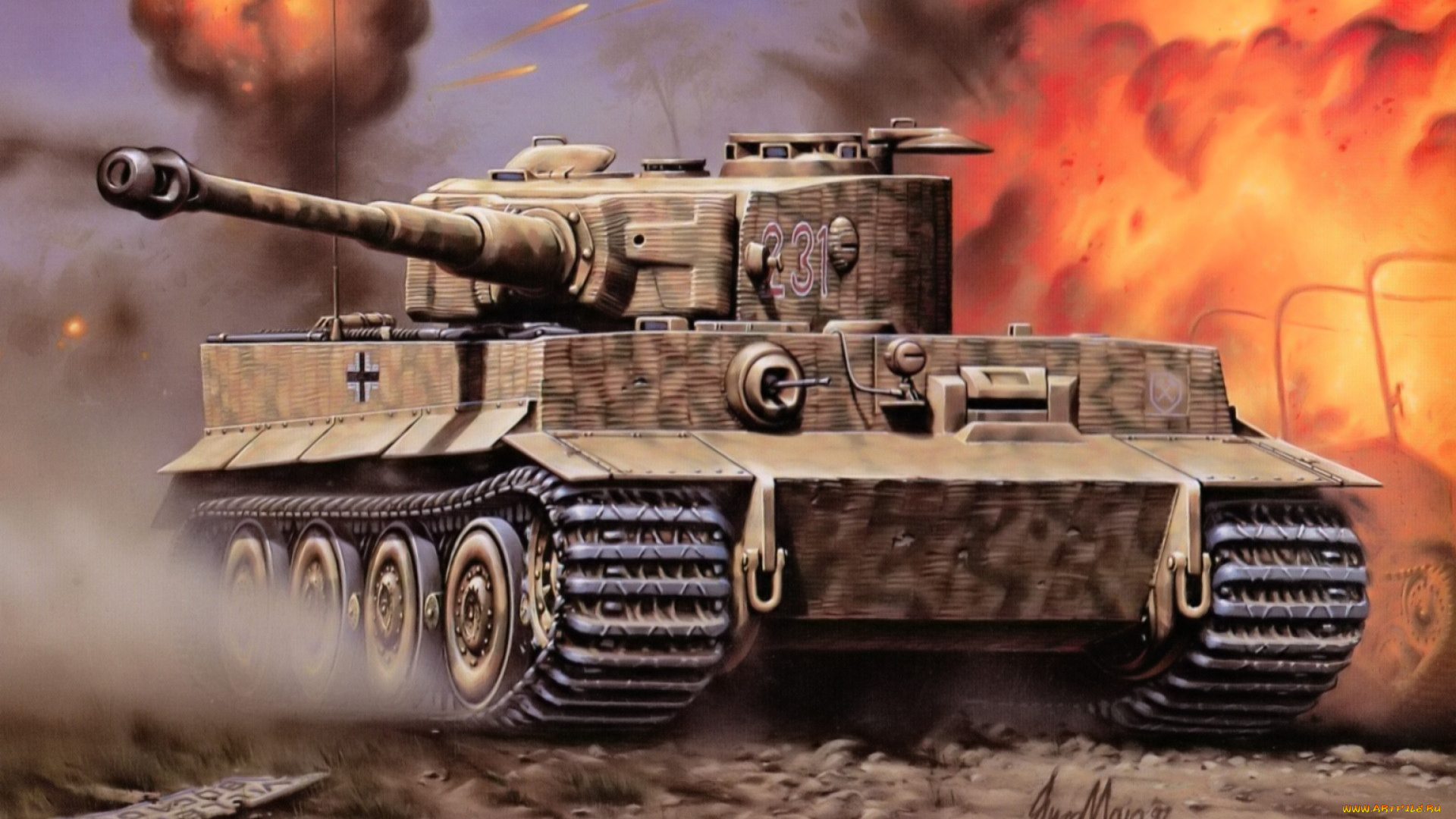 рисованное, армия, танк, огонь