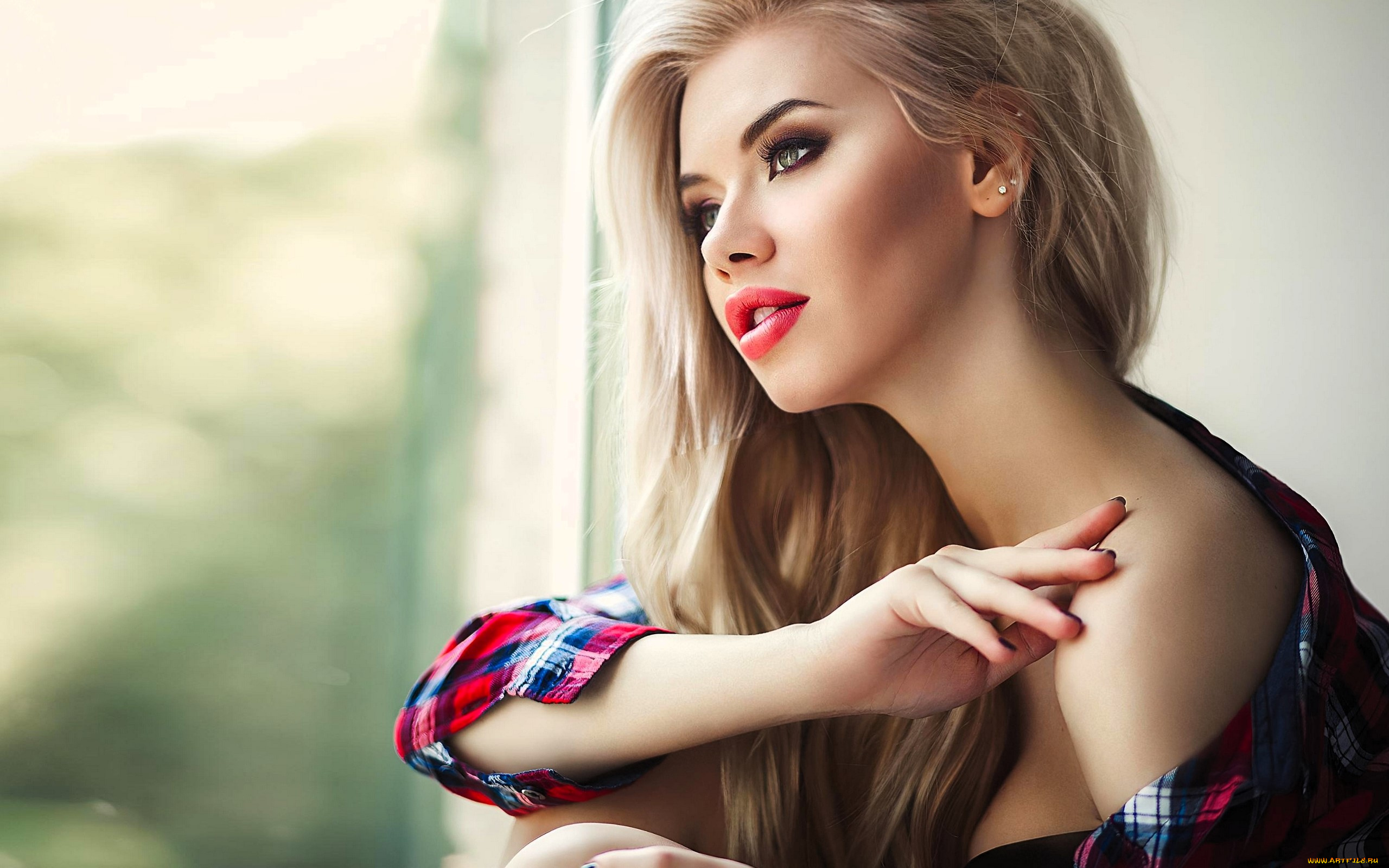 девушки, -, лица, , портреты, блондинка, лицо, рубашка, окно