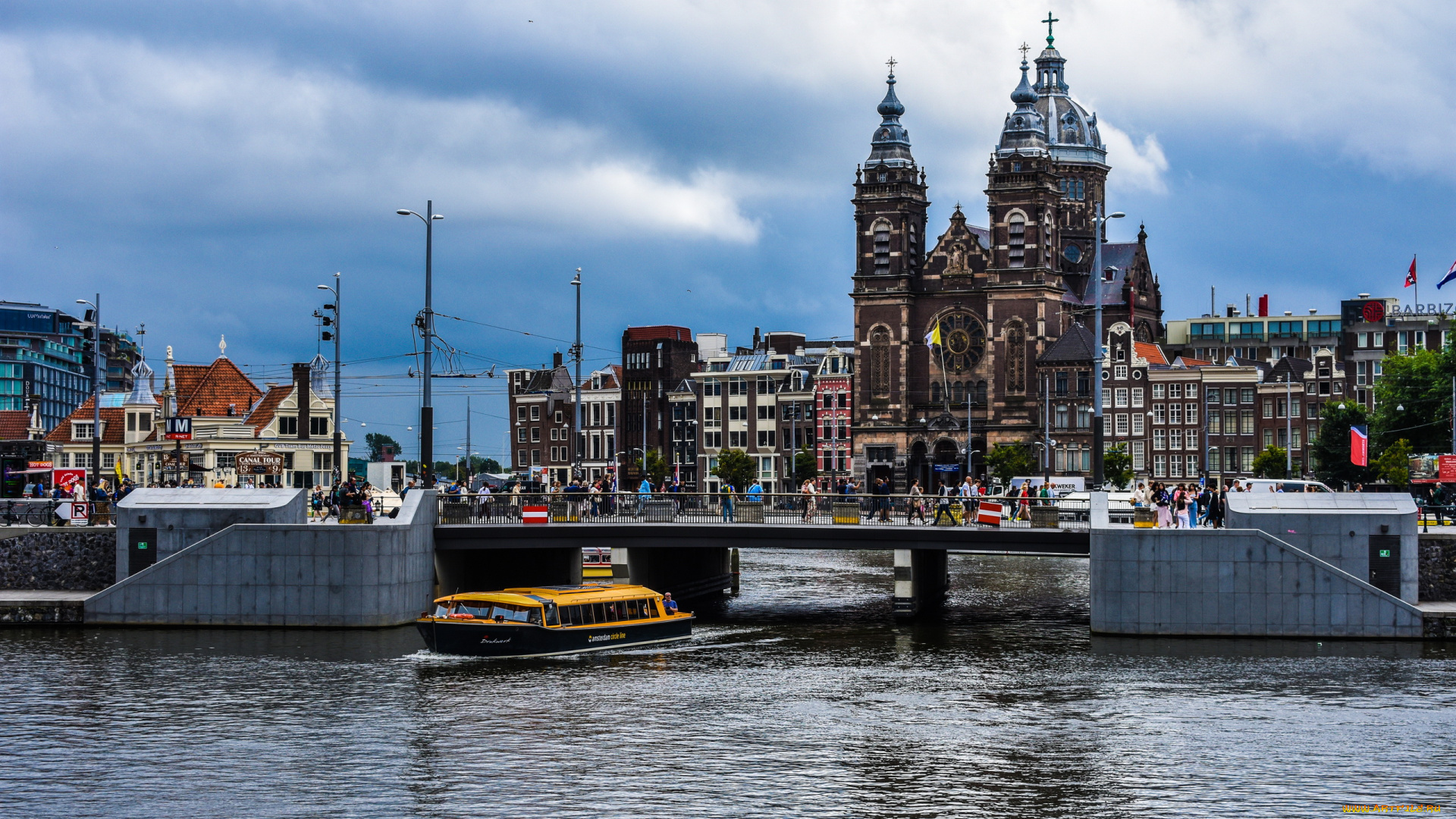 города, амстердам, , нидерланды, река, мост, собор