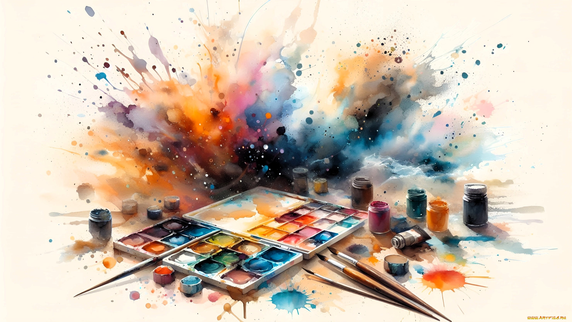 рисованное, -, другое, краски, взрыв, цвета, банки, кисти