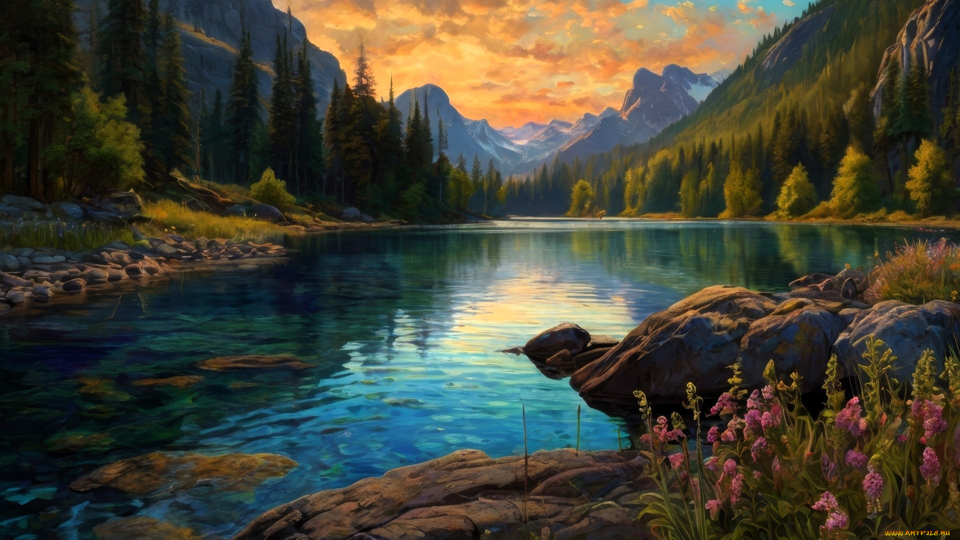 рисованное, природа, горы, лес, озеро, цветы, камни