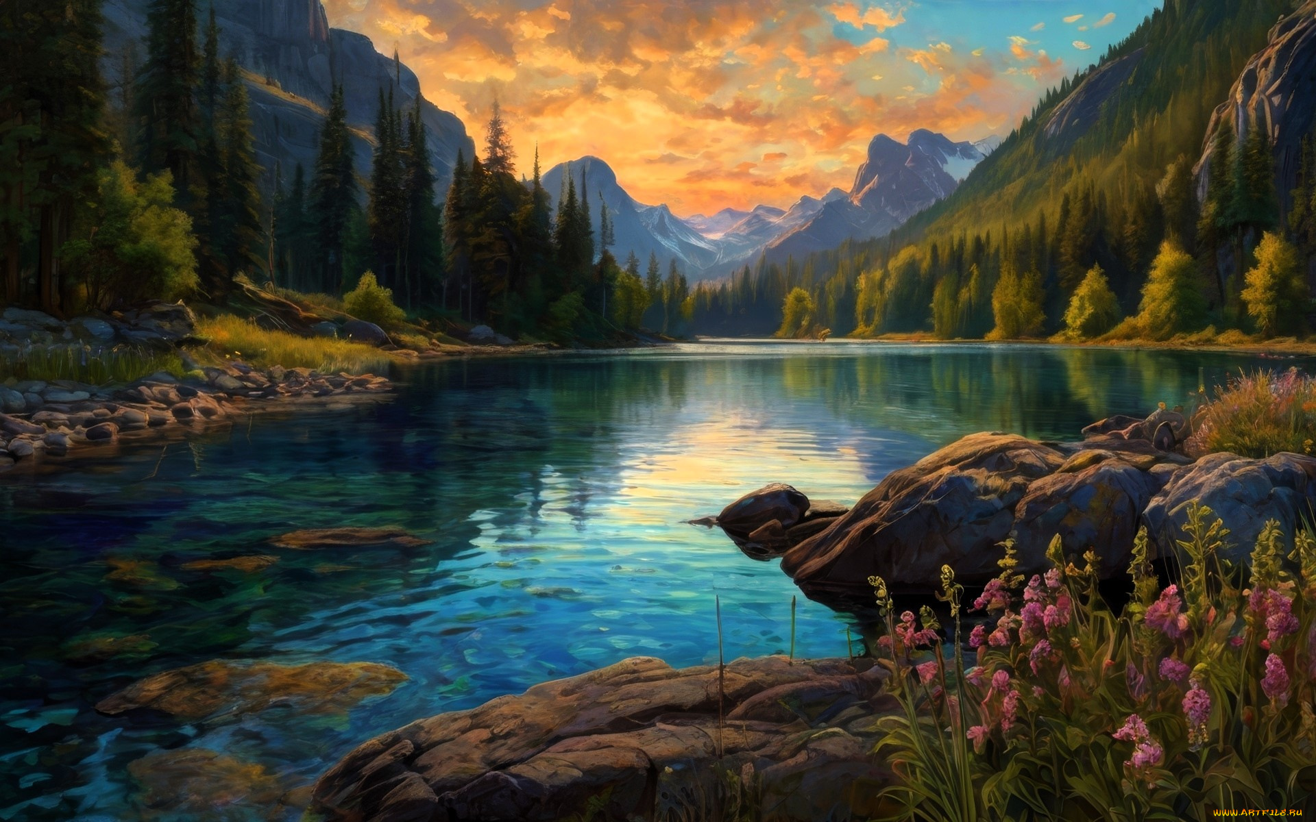 рисованное, природа, горы, лес, озеро, цветы, камни